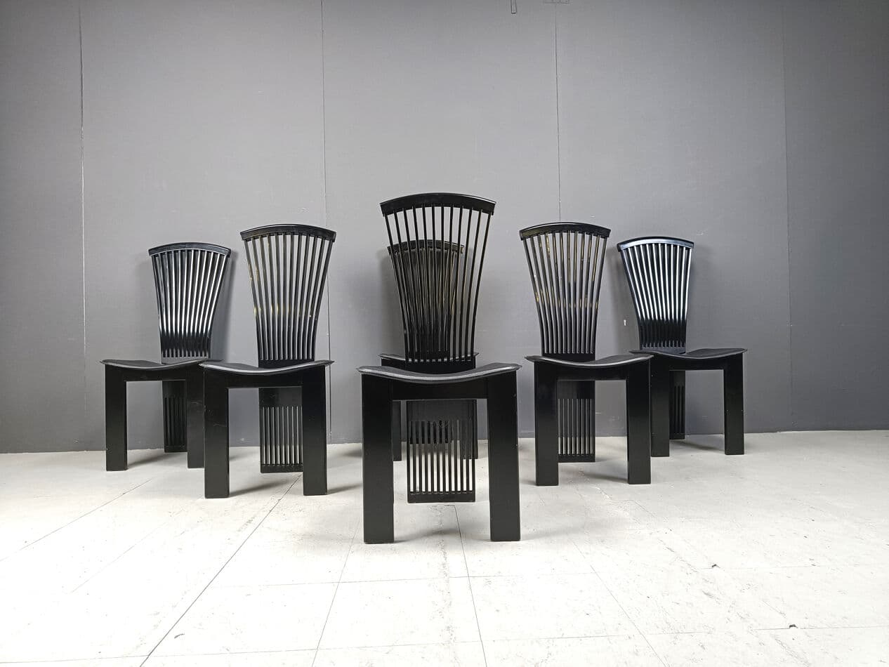 Set of six dining chairs, black lacquered wood, by P. Costantini, Italy, 1980s. - 332109