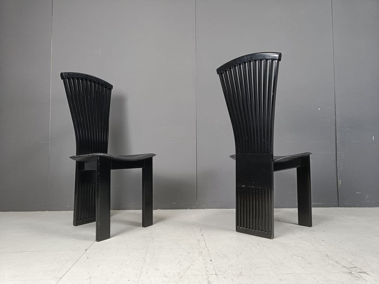 Set of six dining chairs, black lacquered wood, by P. Costantini, Italy, 1980s. - 332115