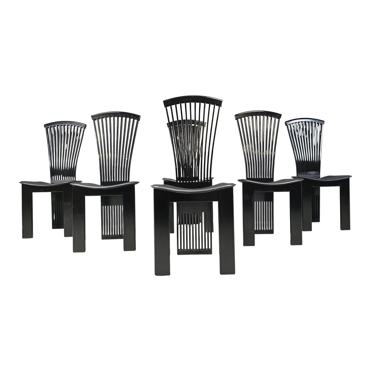 Set of six dining chairs, black lacquered wood, by P. Costantini, Italy, 1980s.