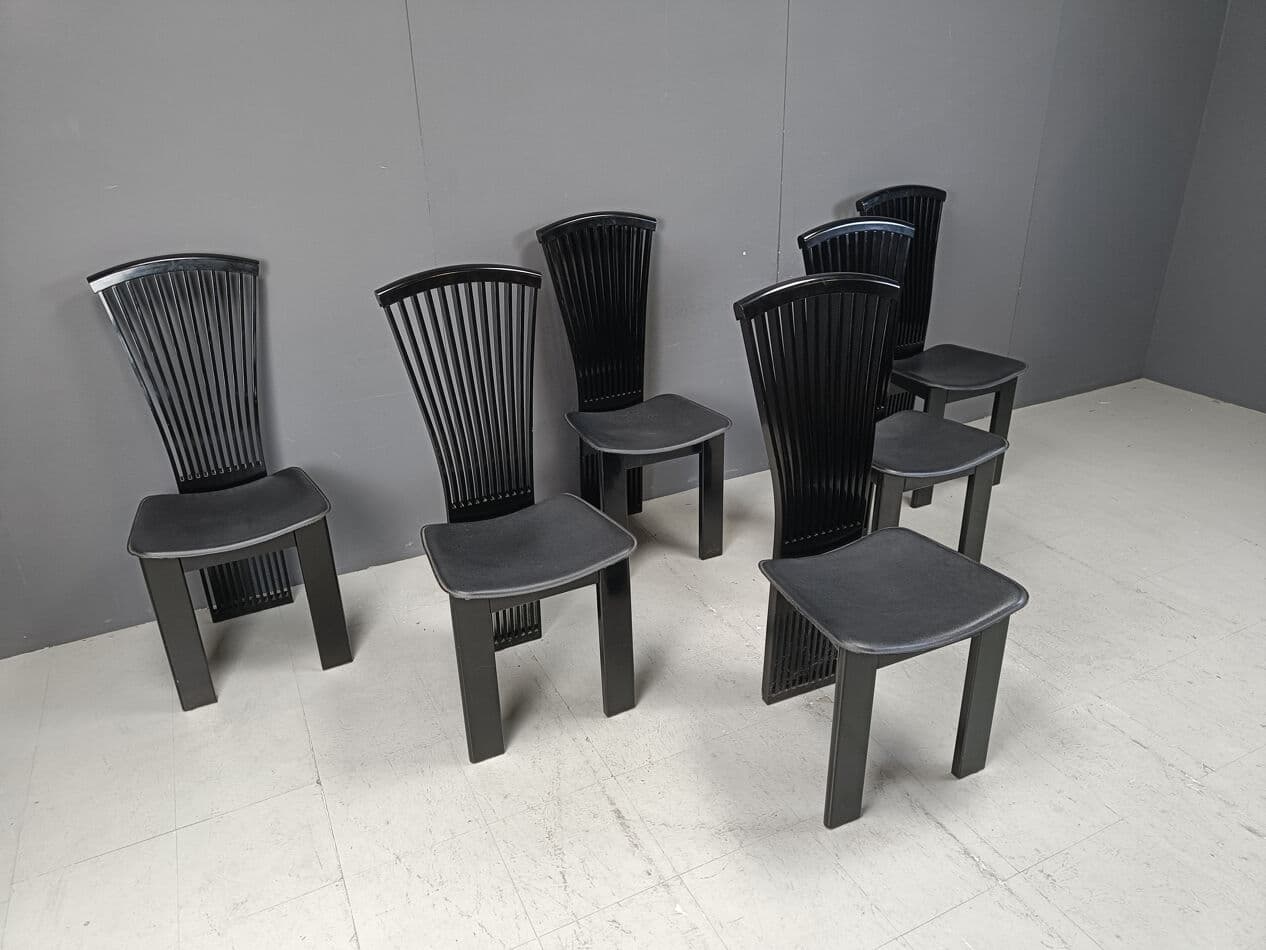 Set of six dining chairs, black lacquered wood, by P. Costantini, Italy, 1980s. - 332116