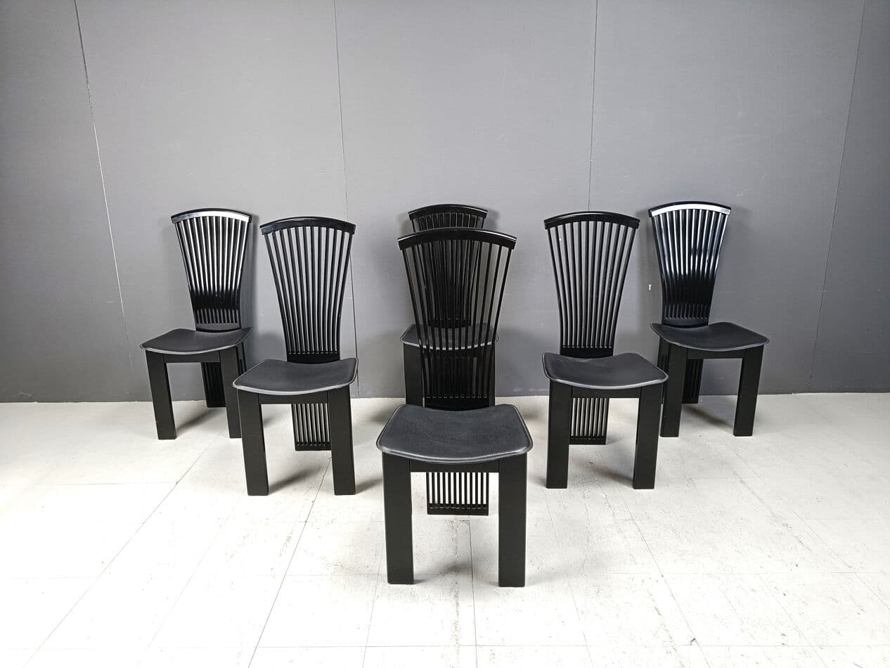Set of six dining chairs, black lacquered wood, by P. Costantini, Italy, 1980s. - 332119