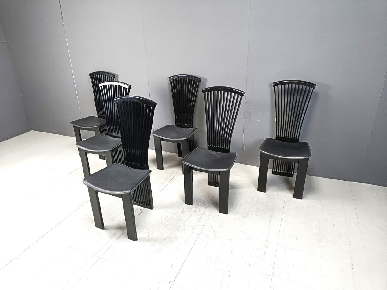 Set of six dining chairs, black lacquered wood, by P. Costantini, Italy, 1980s. - 332118