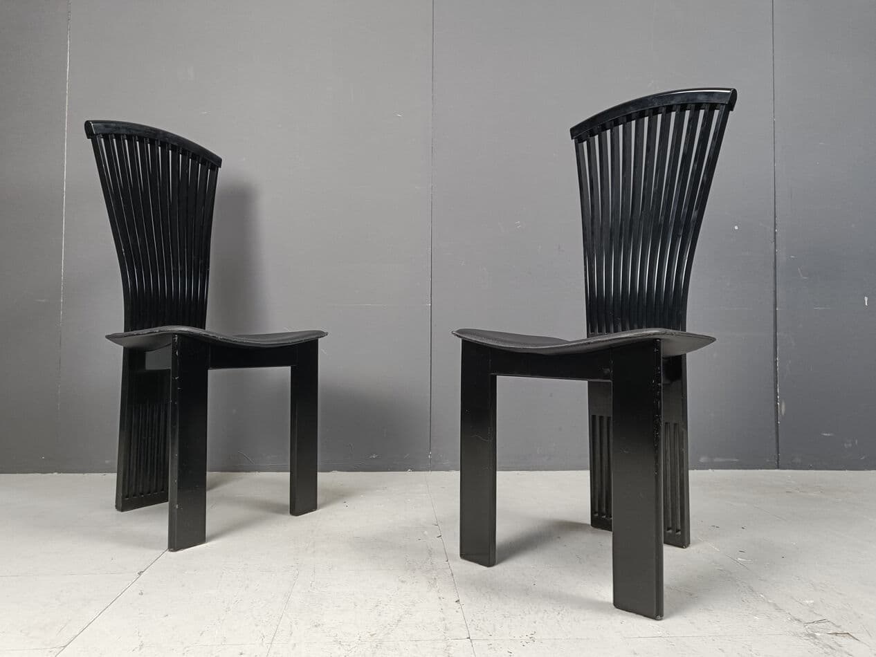 Set of six dining chairs, black lacquered wood, by P. Costantini, Italy, 1980s. - 332117