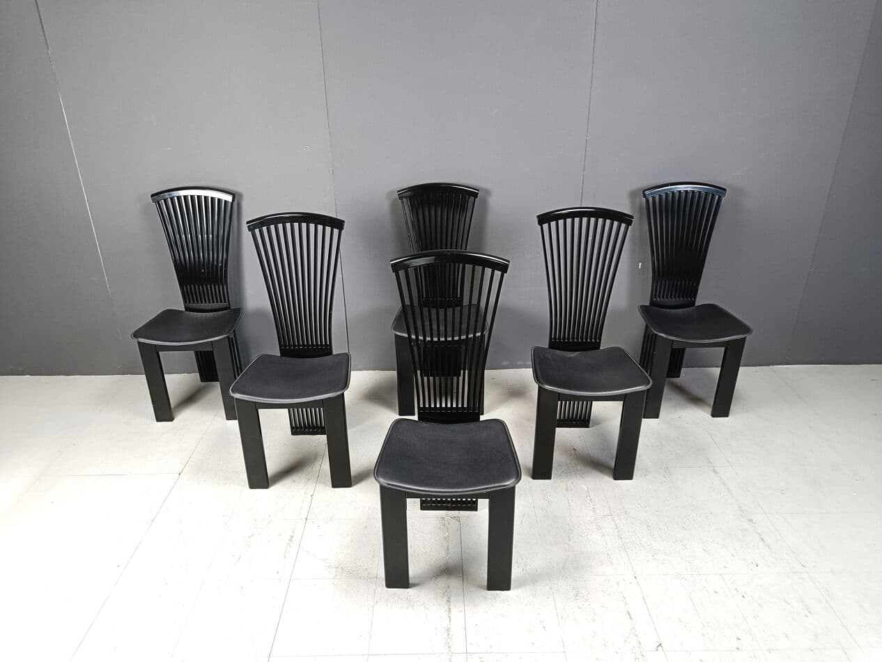 Set of six dining chairs, black lacquered wood, by P. Costantini, Italy, 1980s. - 332110