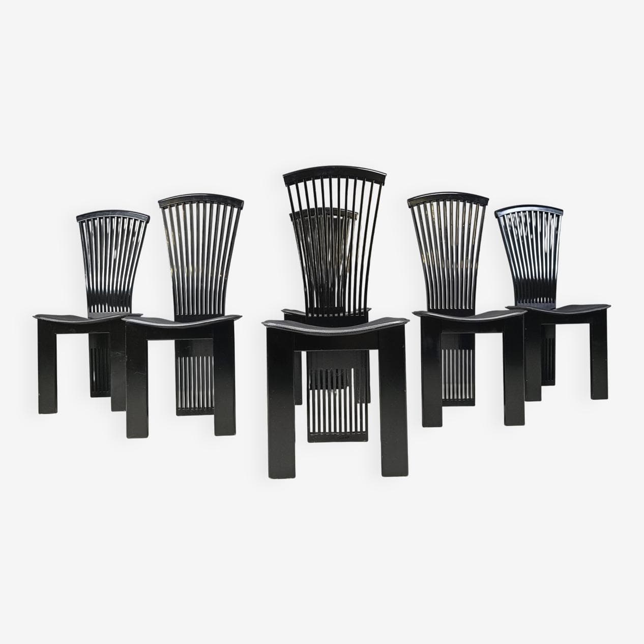 Set of six dining chairs, black lacquered wood, by P. Costantini, Italy, 1980s. - 332111