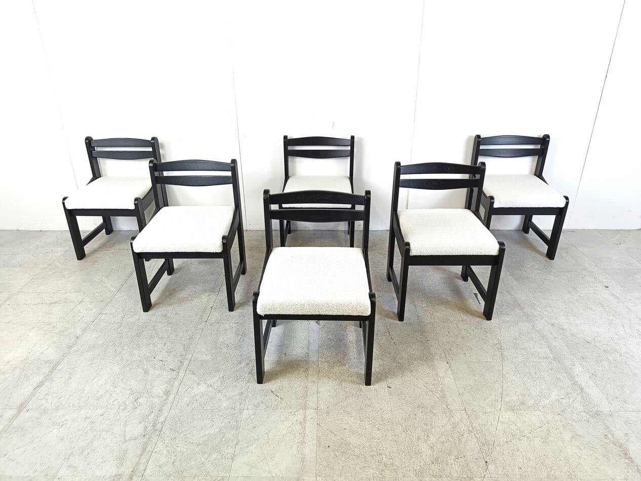 Set of Six Brutalist Dining Chairs, black wood, white bouclé, Germany, 1970s - 332102