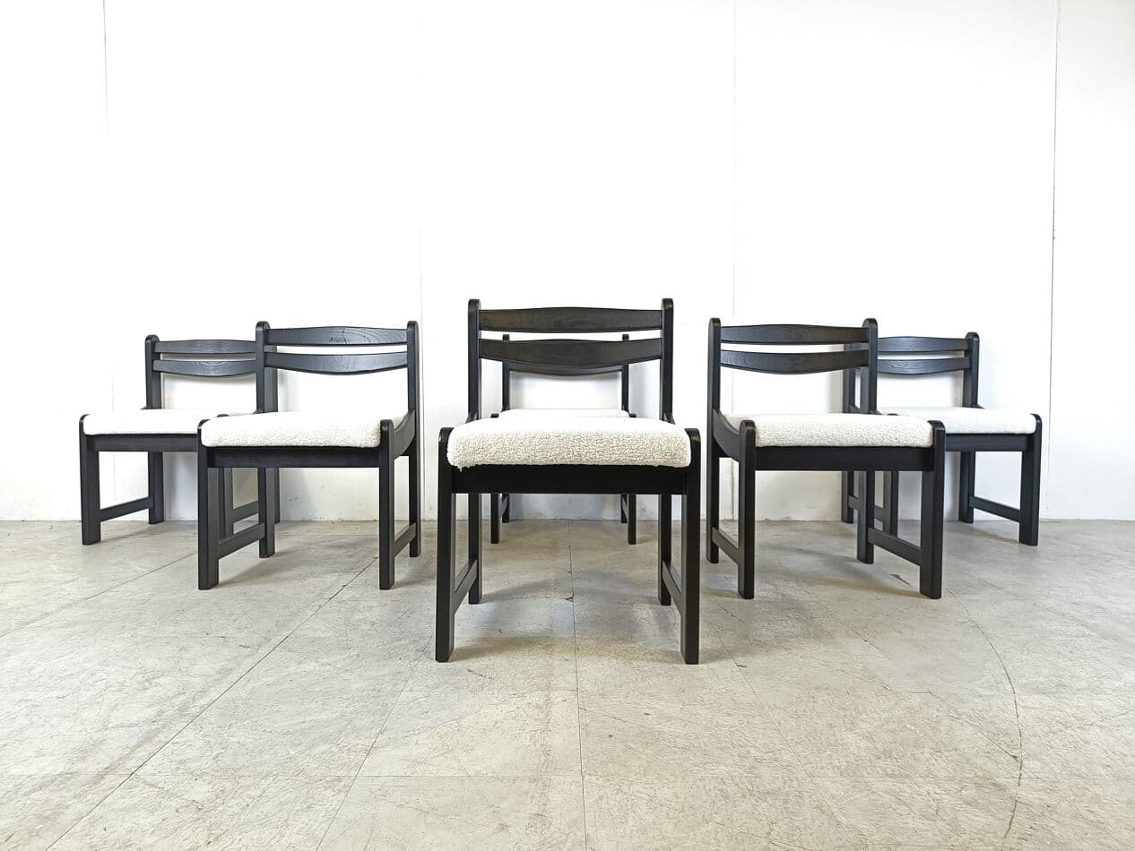 Set of Six Brutalist Dining Chairs, black wood, white bouclé, Germany, 1970s - 332105