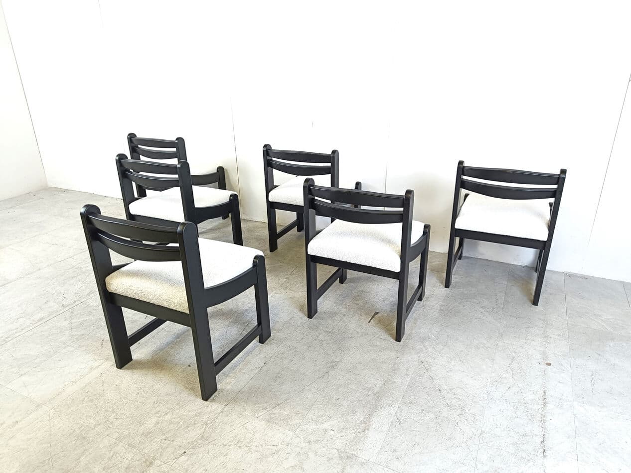 Set of Six Brutalist Dining Chairs, black wood, white bouclé, Germany, 1970s - 332101