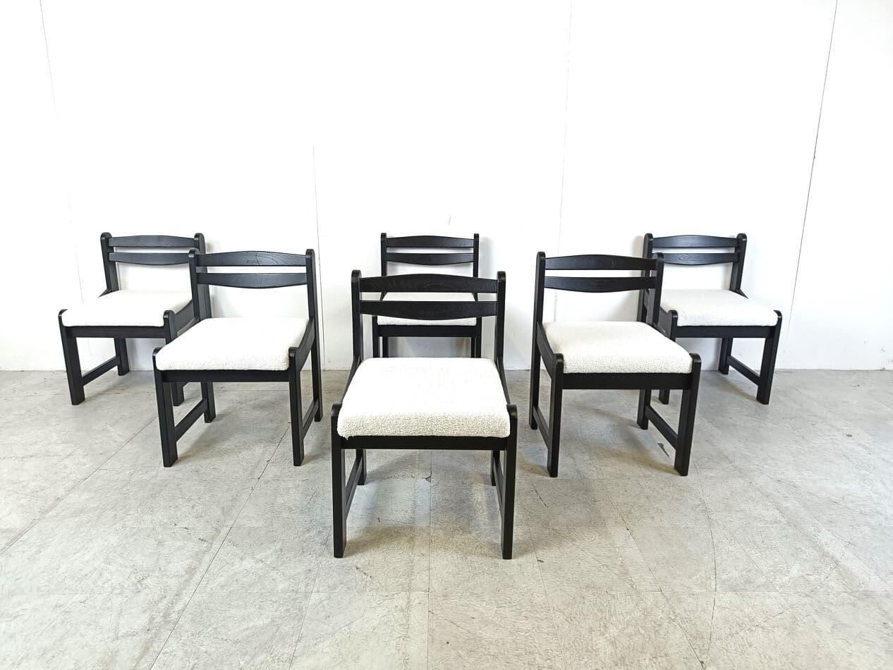 Set of Six Brutalist Dining Chairs, black wood, white bouclé, Germany, 1970s - 332104