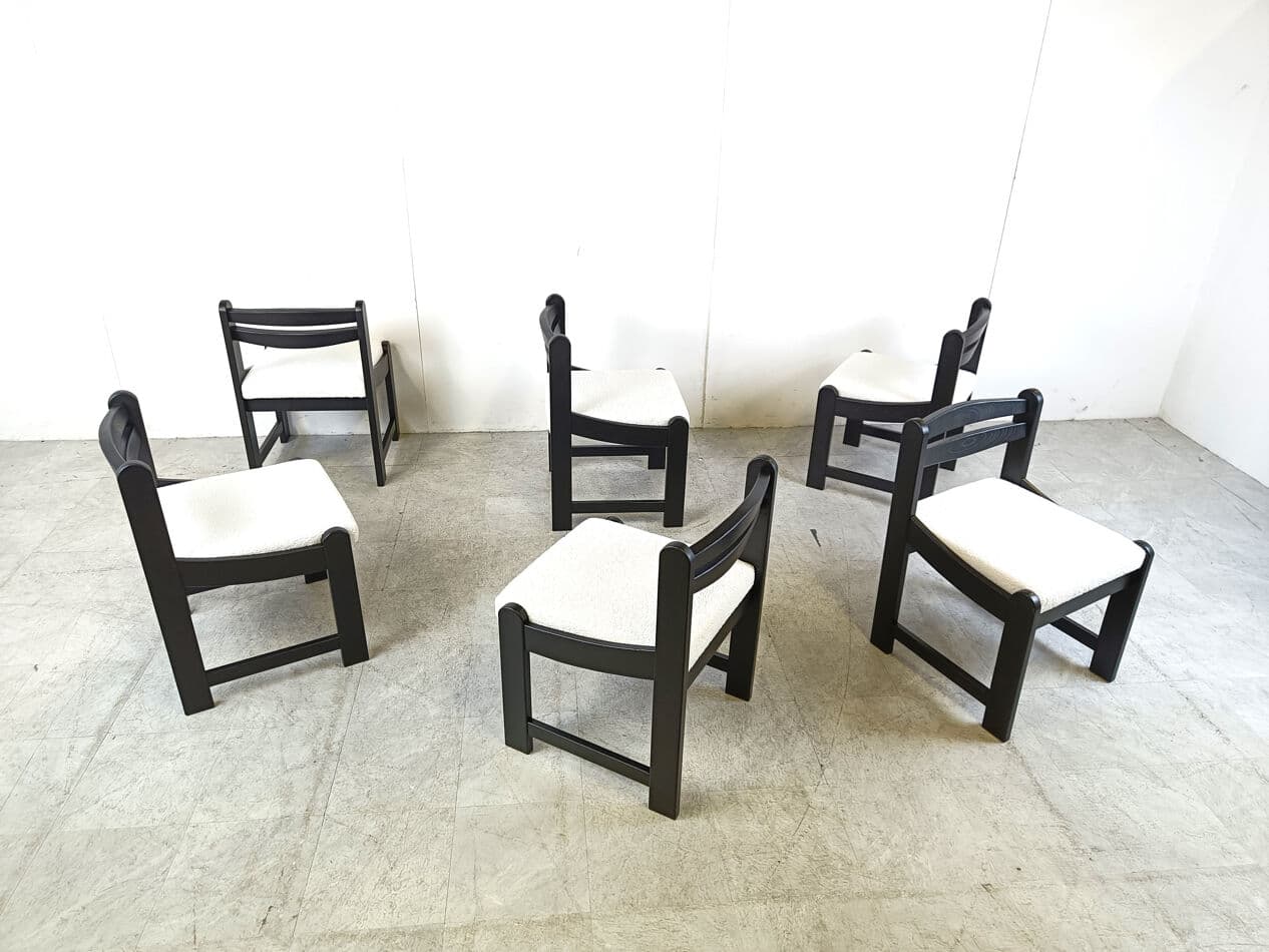 Set of Six Brutalist Dining Chairs, black wood, white bouclé, Germany, 1970s - 332106