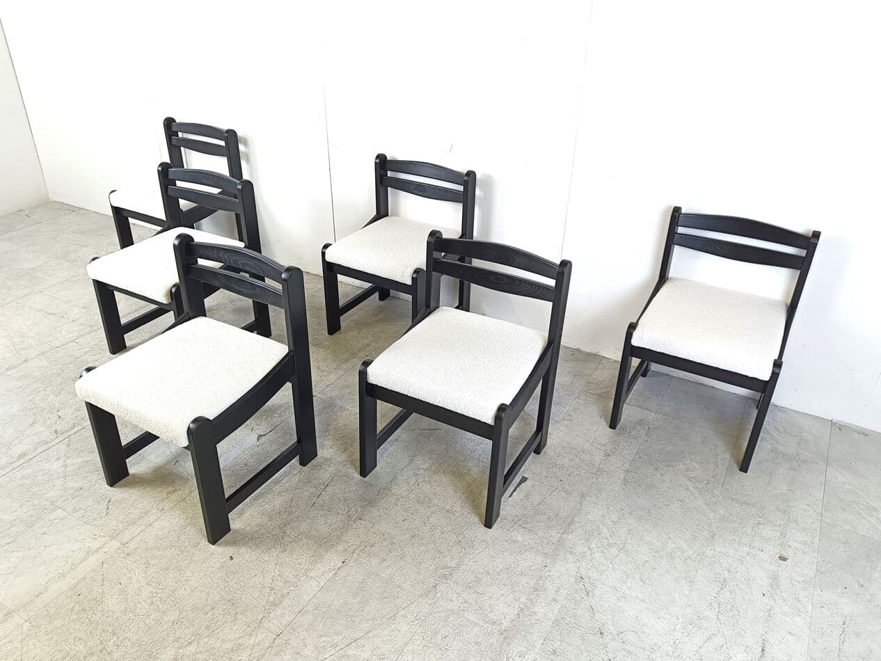 Set of Six Brutalist Dining Chairs, black wood, white bouclé, Germany, 1970s - 332099