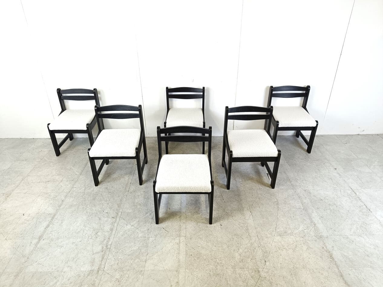 Set of Six Brutalist Dining Chairs, black wood, white bouclé, Germany, 1970s - 332103