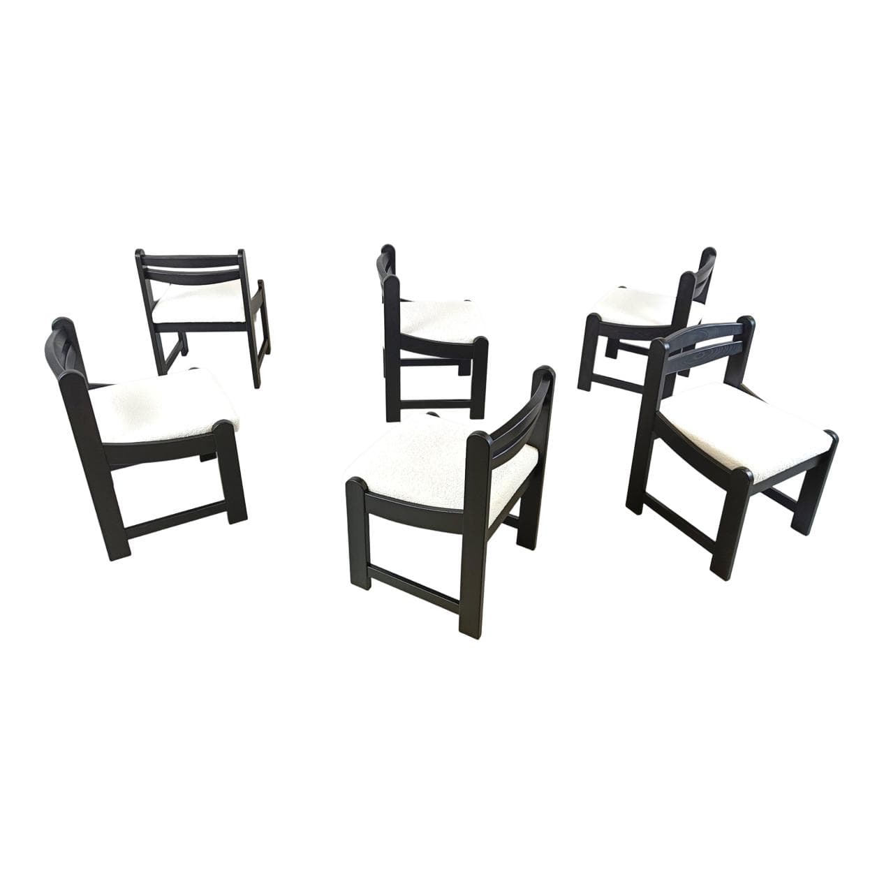 Set of Six Brutalist Dining Chairs, black wood, white bouclé, Germany, 1970s