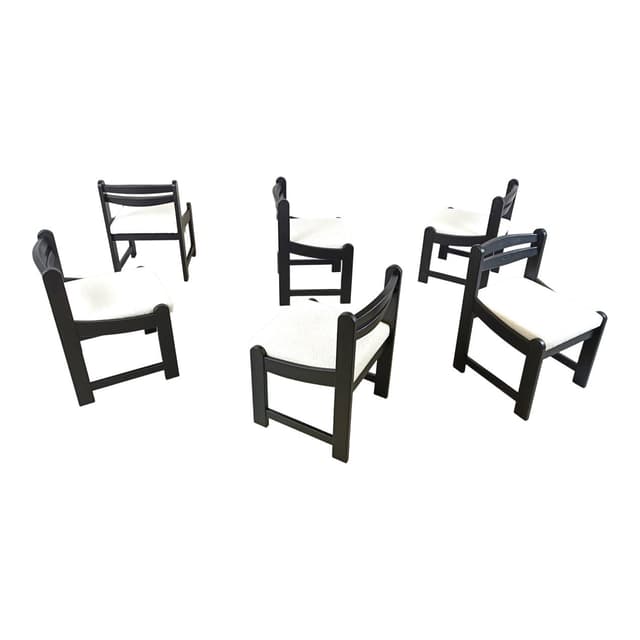 Set of Six Brutalist Dining Chairs, black wood, white bouclé, Germany, 1970s - DIMENSION