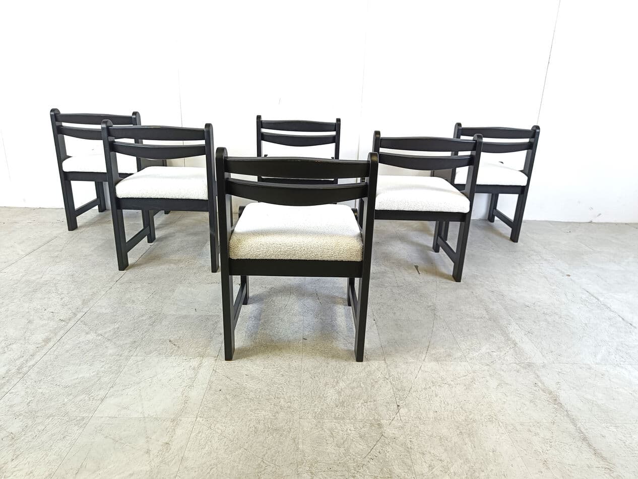 Set of Six Brutalist Dining Chairs, black wood, white bouclé, Germany, 1970s - 332100