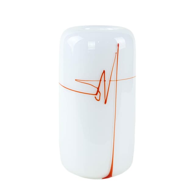 Cylindrical vase, white with red, glass, Holmegaard, Denmark, 1970s. - DIMENSION