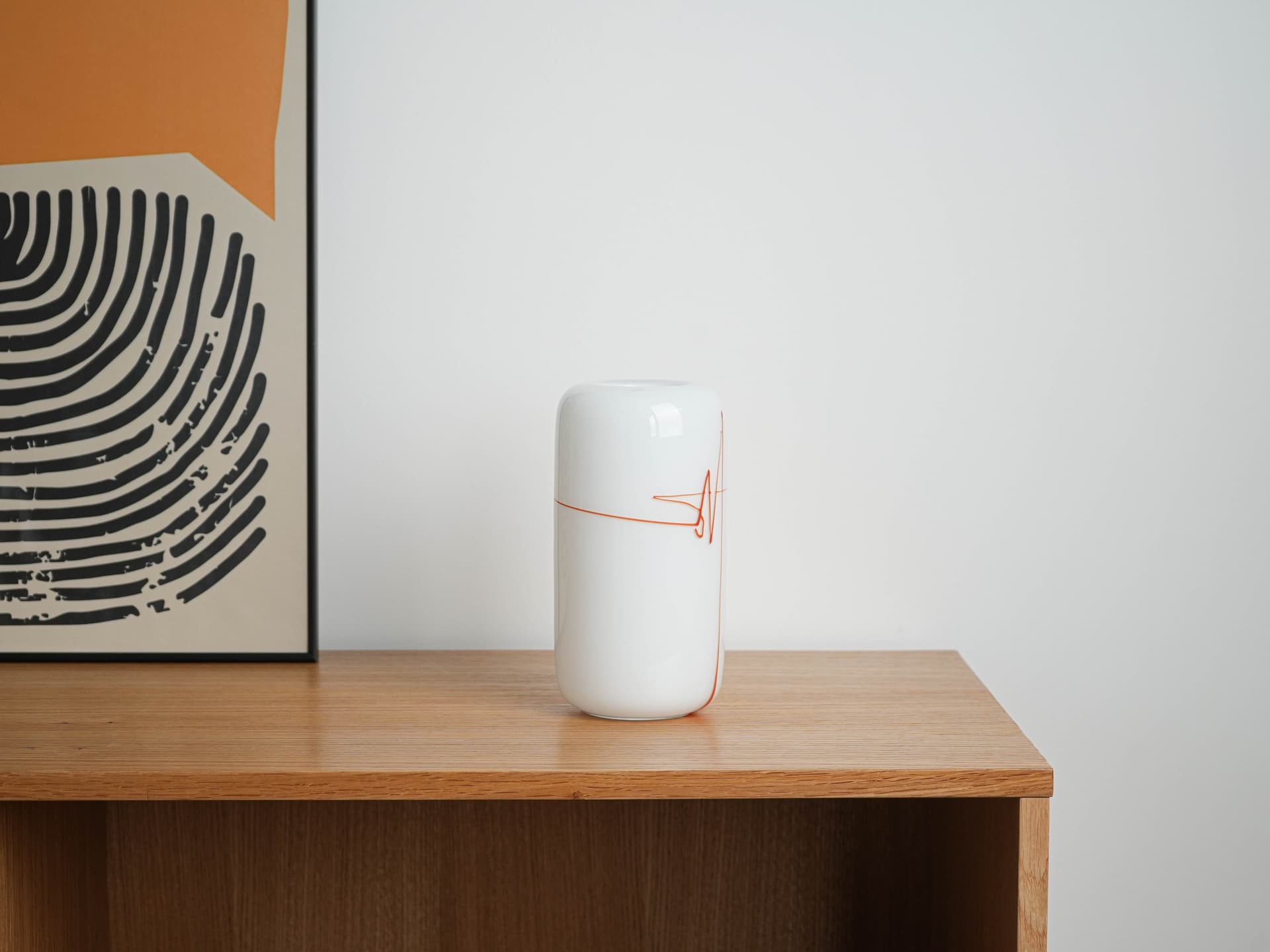 Cylindrical vase, white with red, glass, Holmegaard, Denmark, 1970s. - 332078