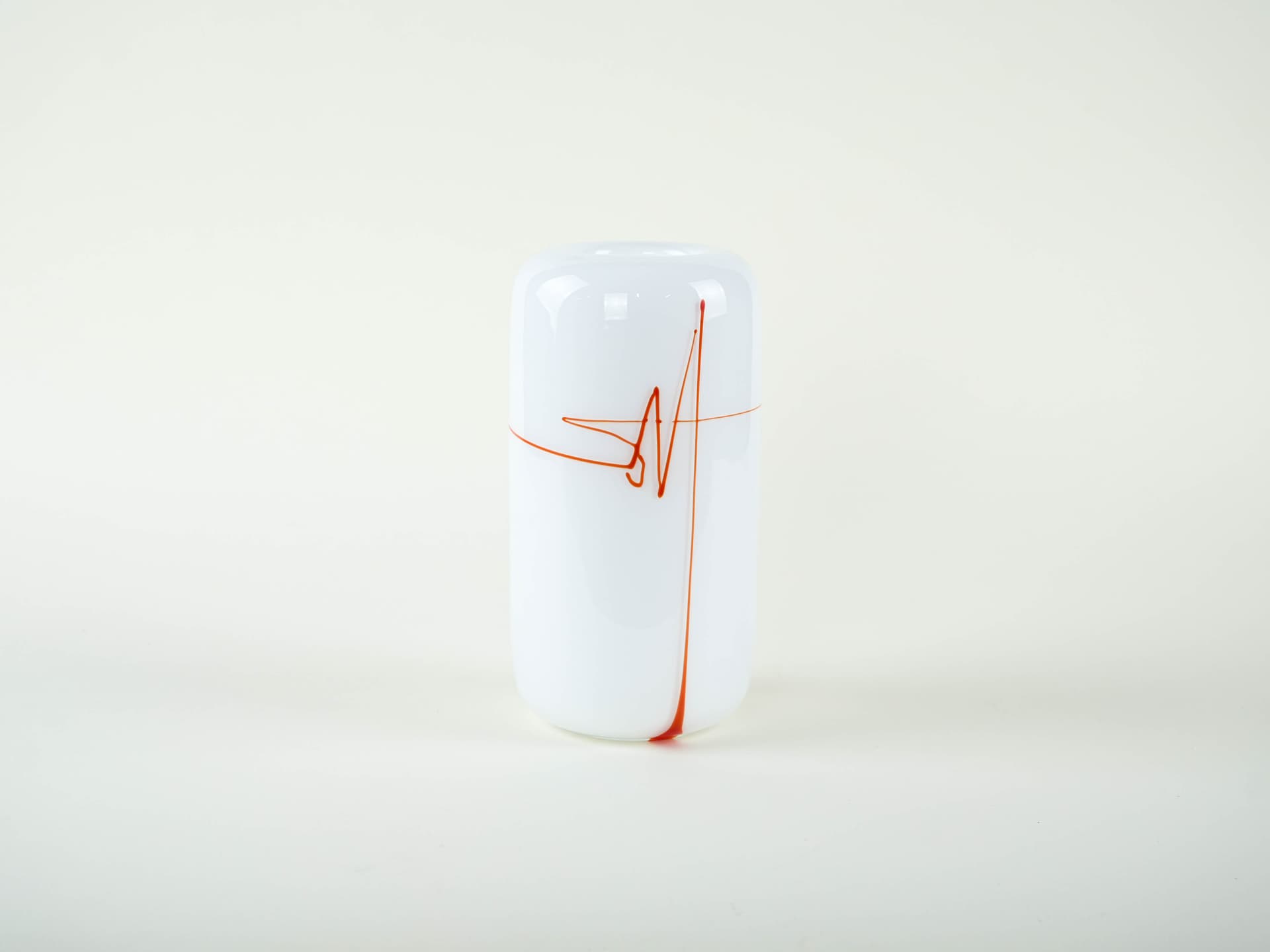 Cylindrical vase, white with red, glass, Holmegaard, Denmark, 1970s. - 332072