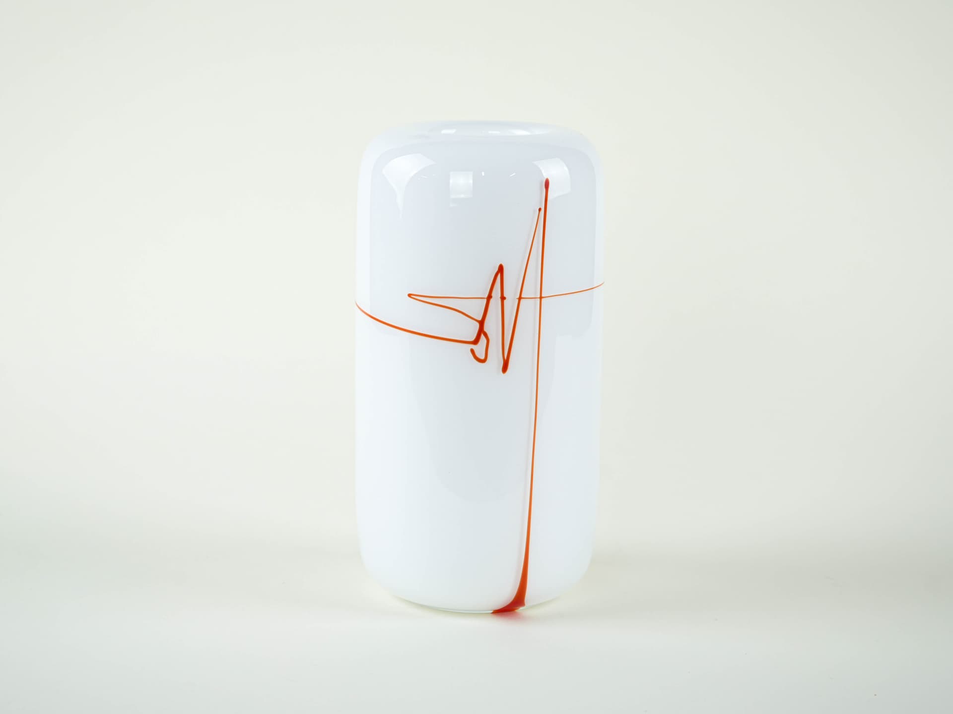 Cylindrical vase, white with red, glass, Holmegaard, Denmark, 1970s. - 332075