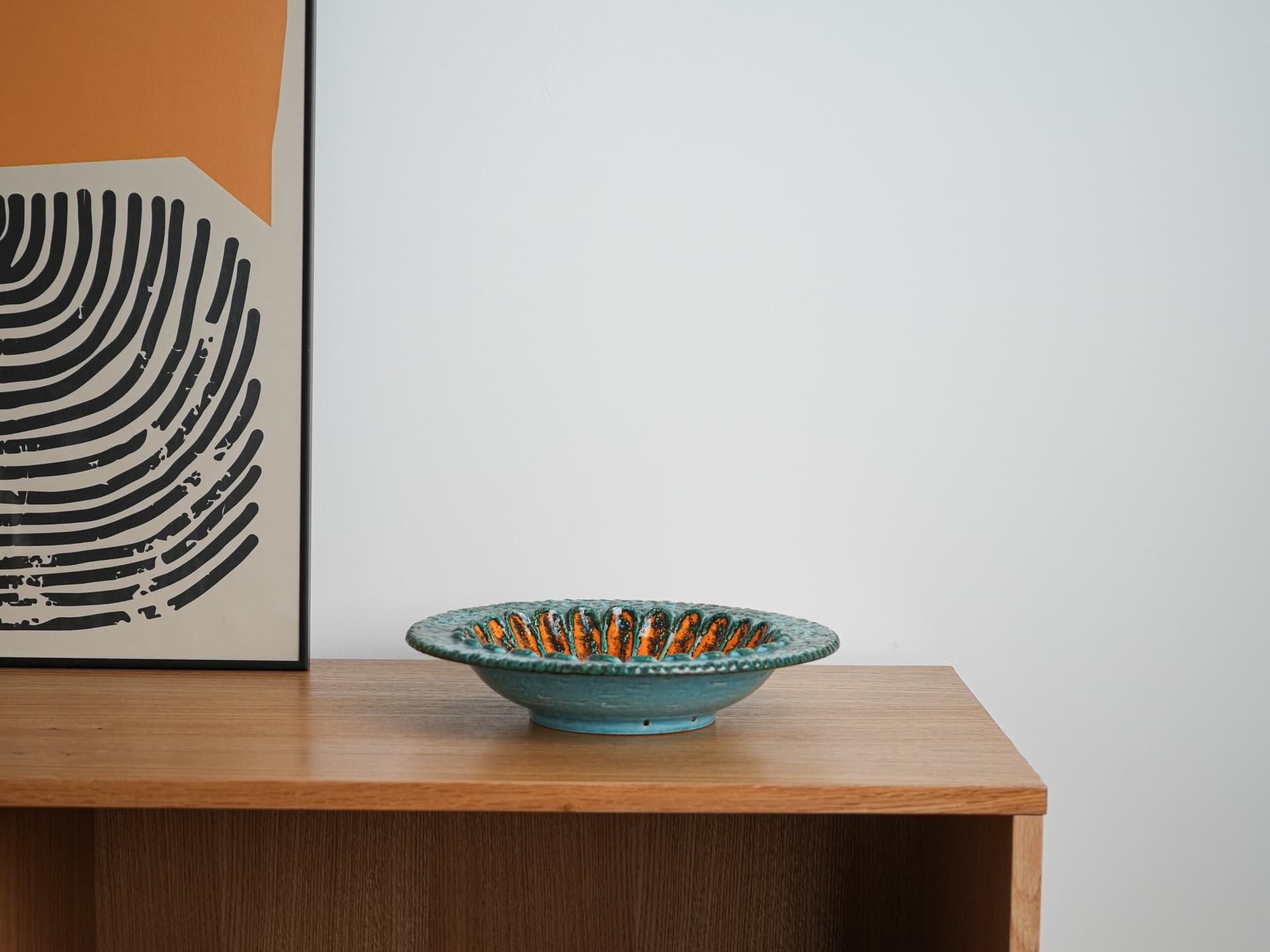 Decorative plate, turquoise orange, ceramics, Germany, 1960s. - 332245