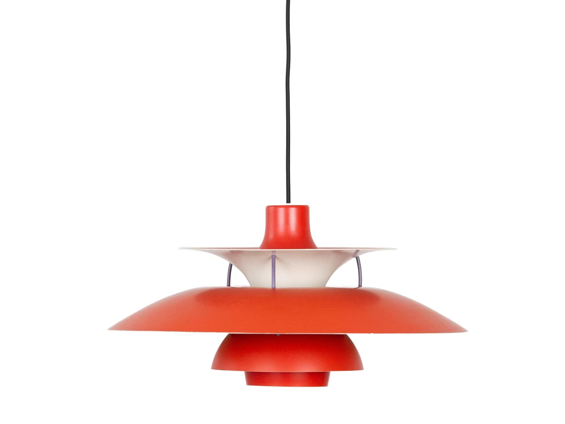 Pendant lamp PH 5, red aluminium, by P. Henningsen, Louis Poulsen, Denmark, 1960s.