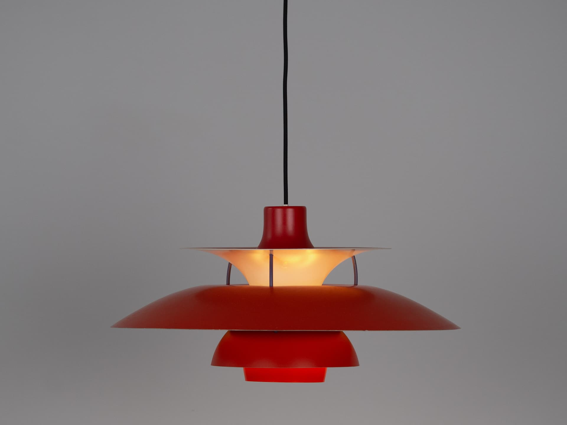 Pendant lamp PH 5, red aluminium, by P. Henningsen, Louis Poulsen, Denmark, 1960s. - 332279