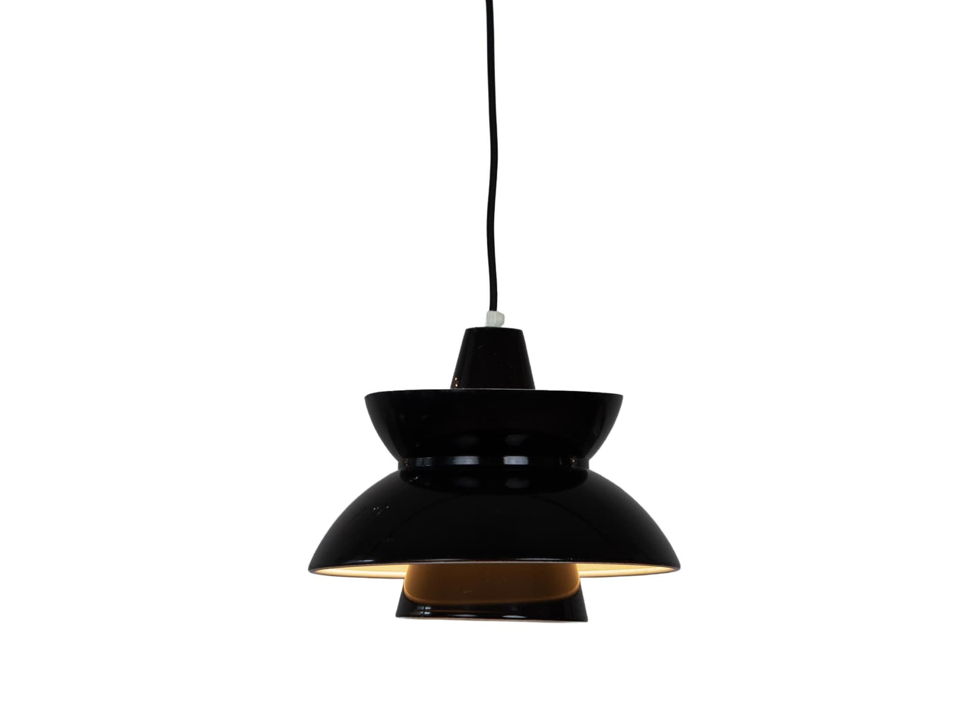 Pair of pendant lamps Doo Wop, black, gold and white metal, Louis Poulsen, Denmark, 1950s.