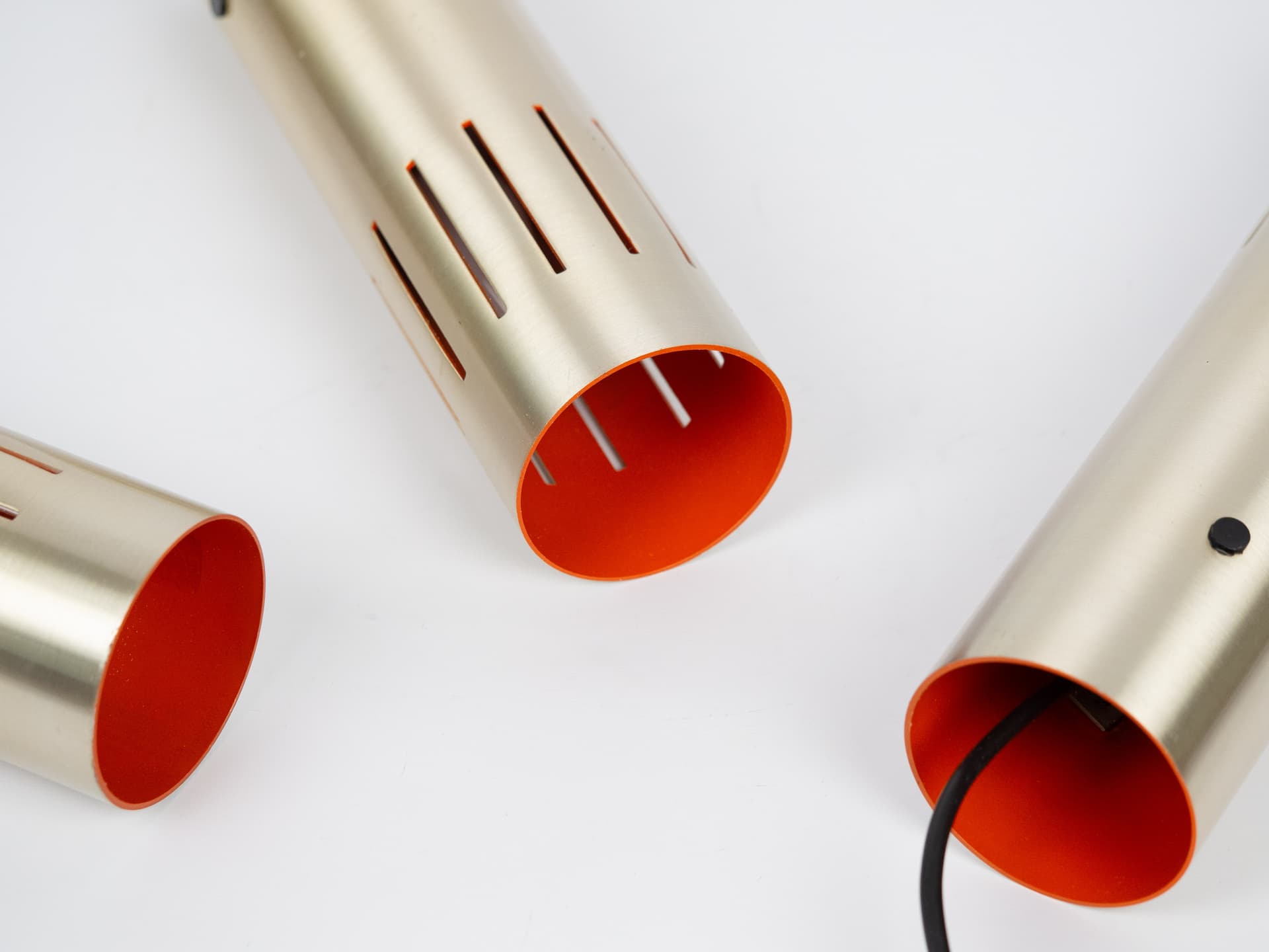 Set of three pendant lamps Etna, gold brass, black aluminium, by J. Hammerborg, Fog & Mørup, Denmark, 1960s. - 332504