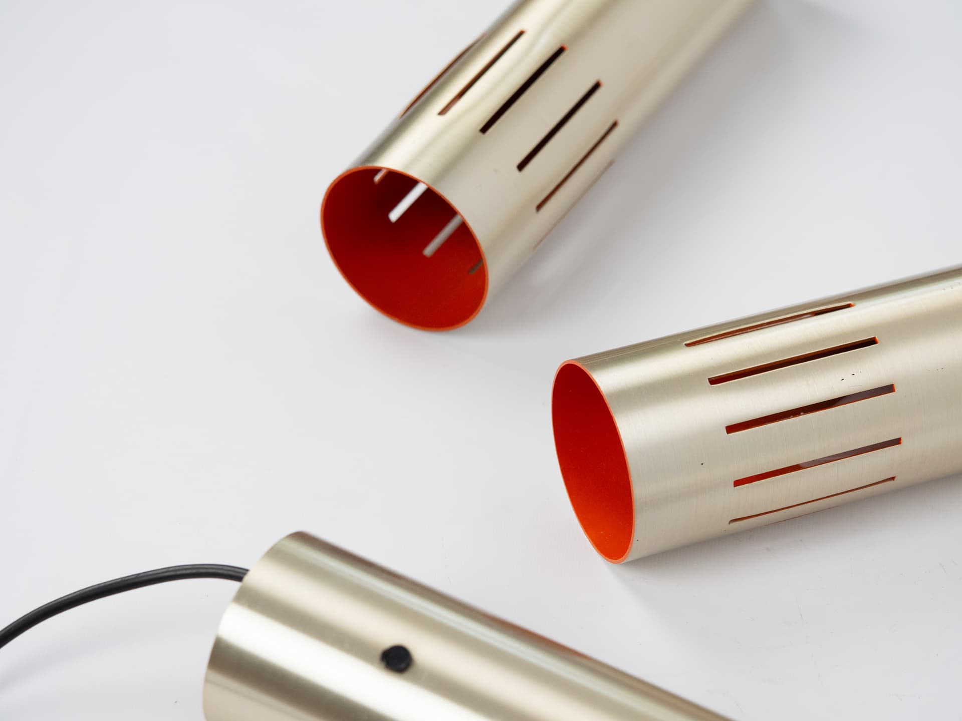 Set of three pendant lamps Etna, gold brass, black aluminium, by J. Hammerborg, Fog & Mørup, Denmark, 1960s. - 332508