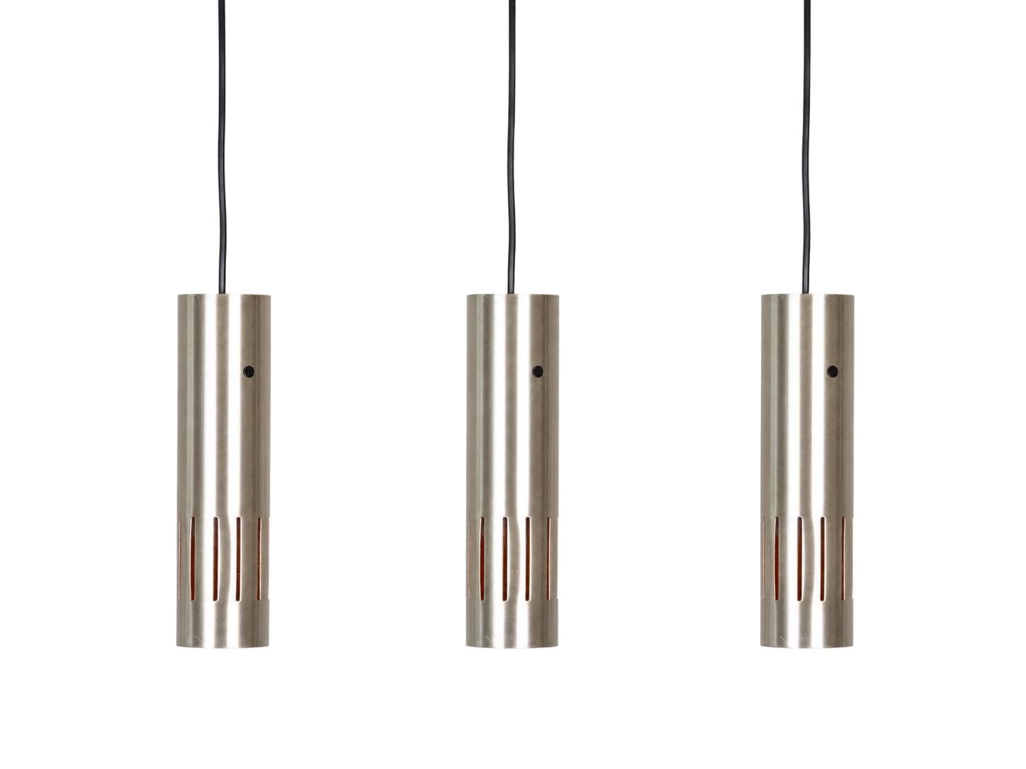 Set of three pendant lamps Etna, gold brass, black aluminium, by J. Hammerborg, Fog & Mørup, Denmark, 1960s.
