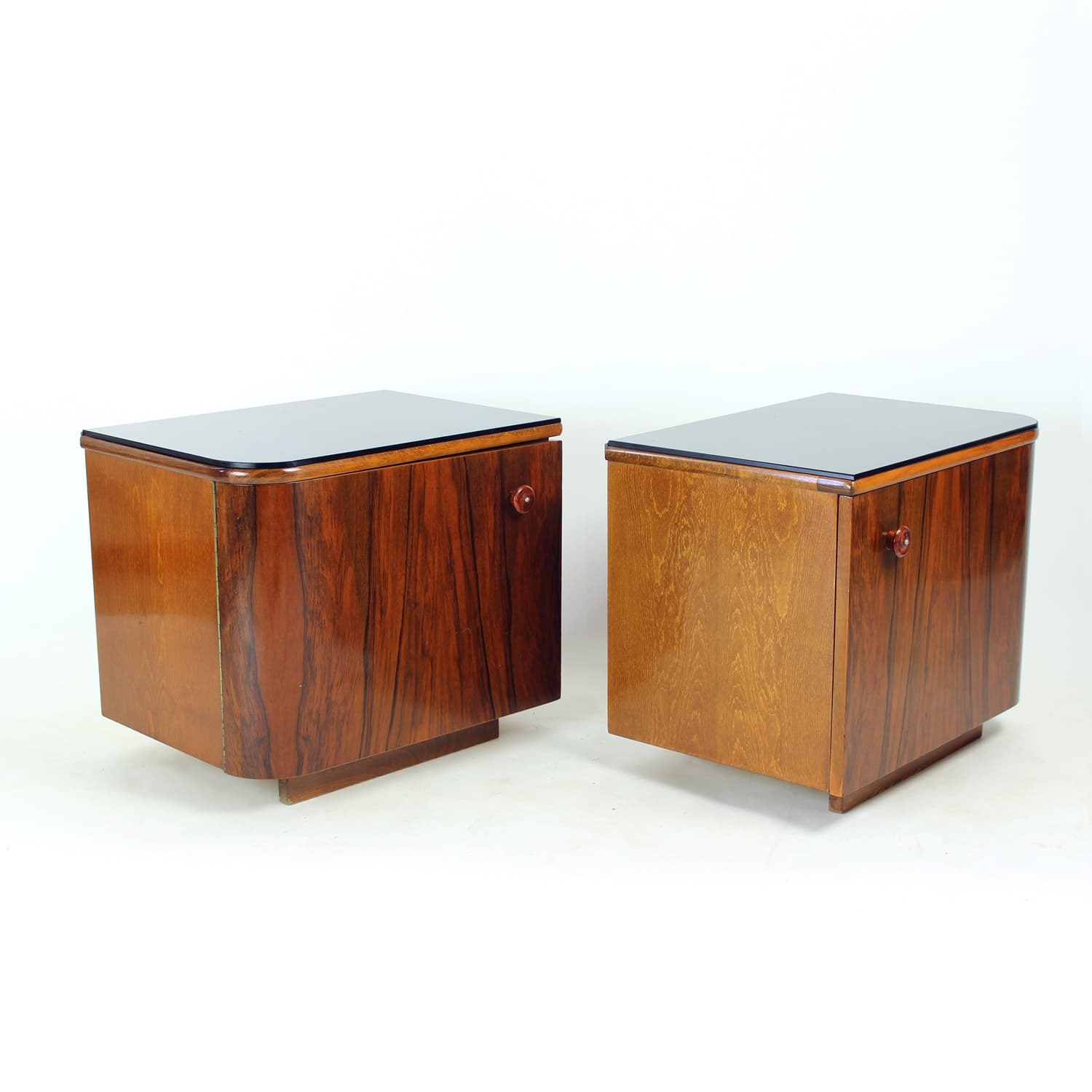 Pair of Art Deco Nightstands, brown walnut, black glass, Czechoslovakia, 1940s - 332554