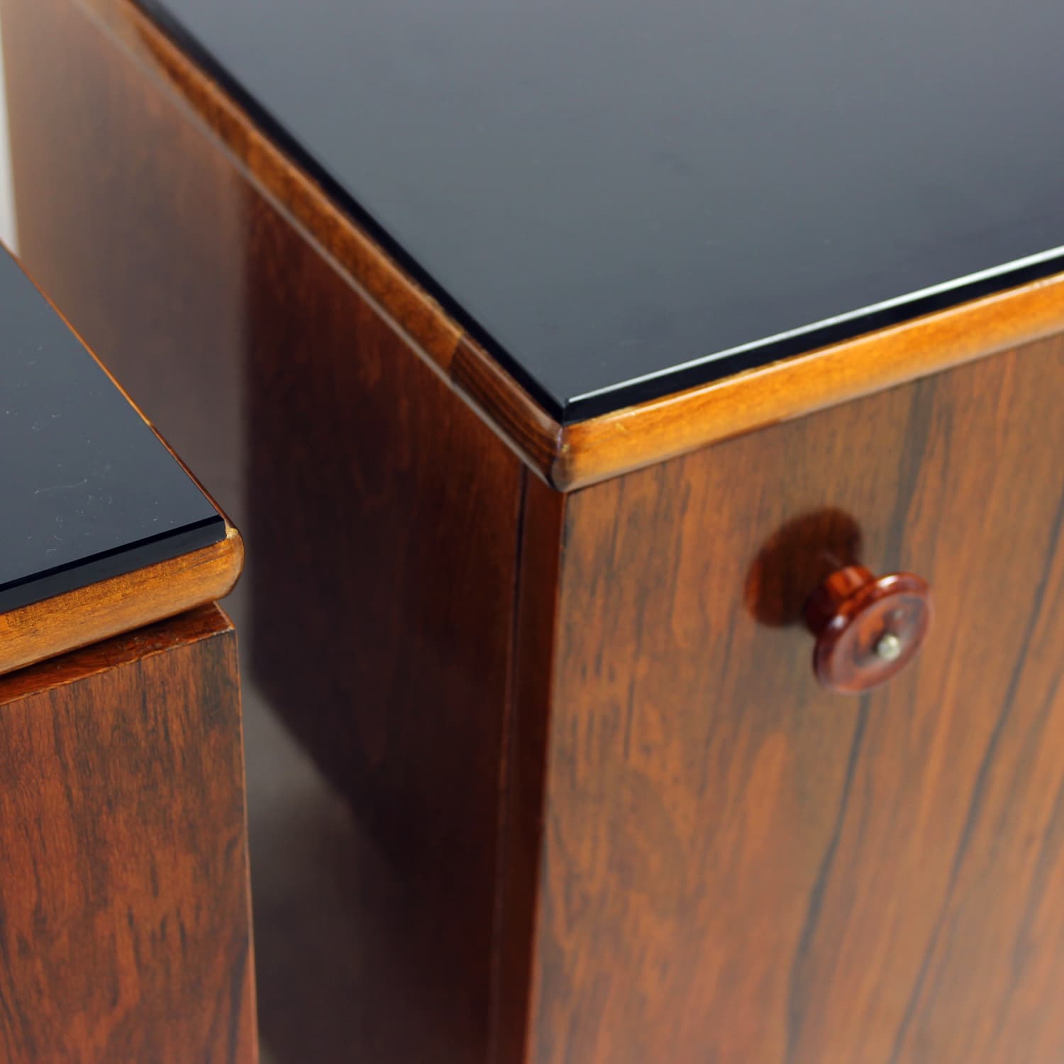 Pair of Art Deco Nightstands, brown walnut, black glass, Czechoslovakia, 1940s - 332549