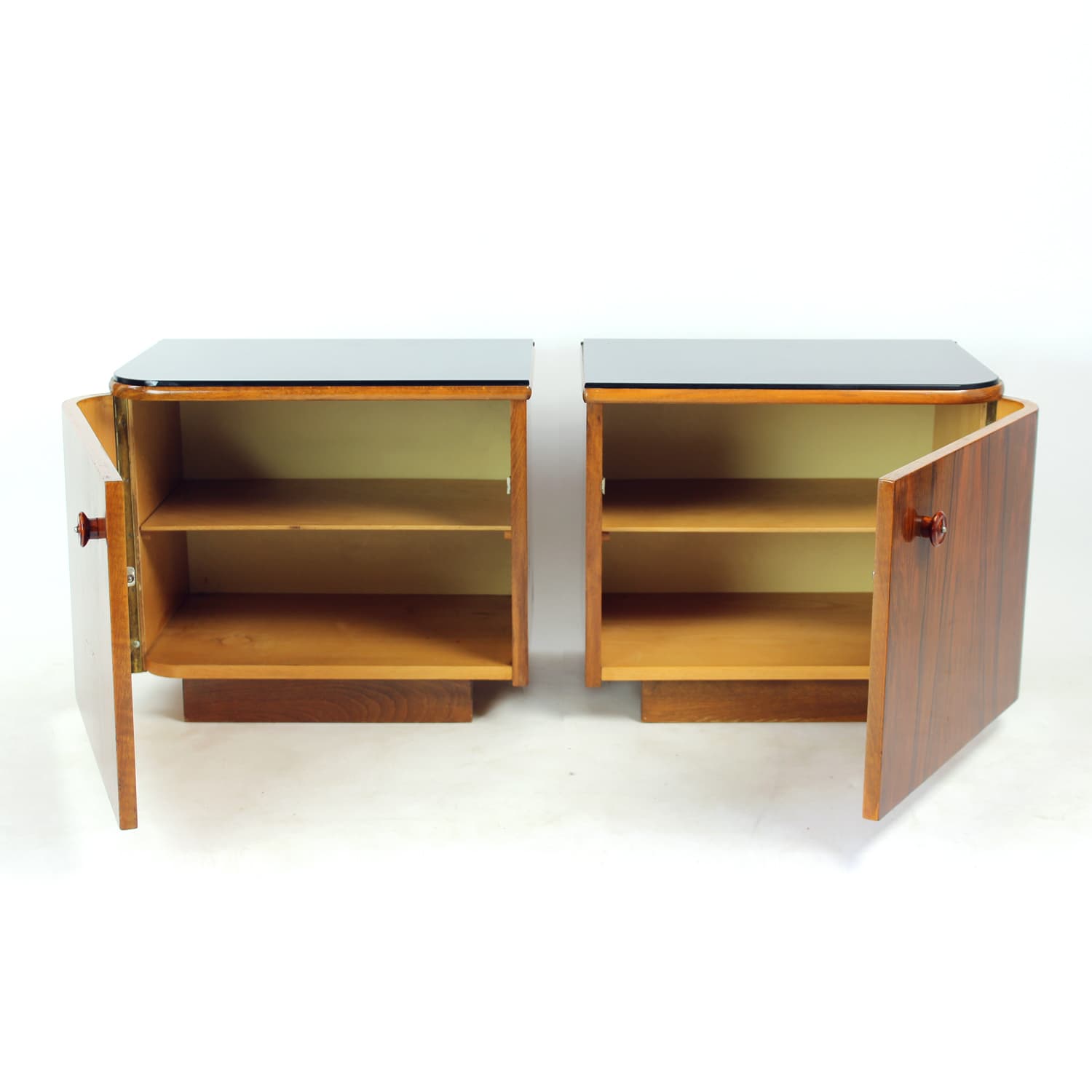 Pair of Art Deco Nightstands, brown walnut, black glass, Czechoslovakia, 1940s - 332550