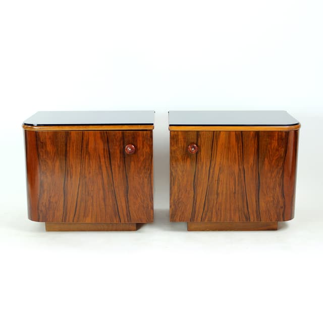 Pair of Art Deco Nightstands, brown walnut, black glass, Czechoslovakia, 1940s - DIMENSION