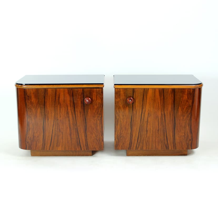 Pair of Art Deco Nightstands, brown walnut, black glass, Czechoslovakia, 1940s