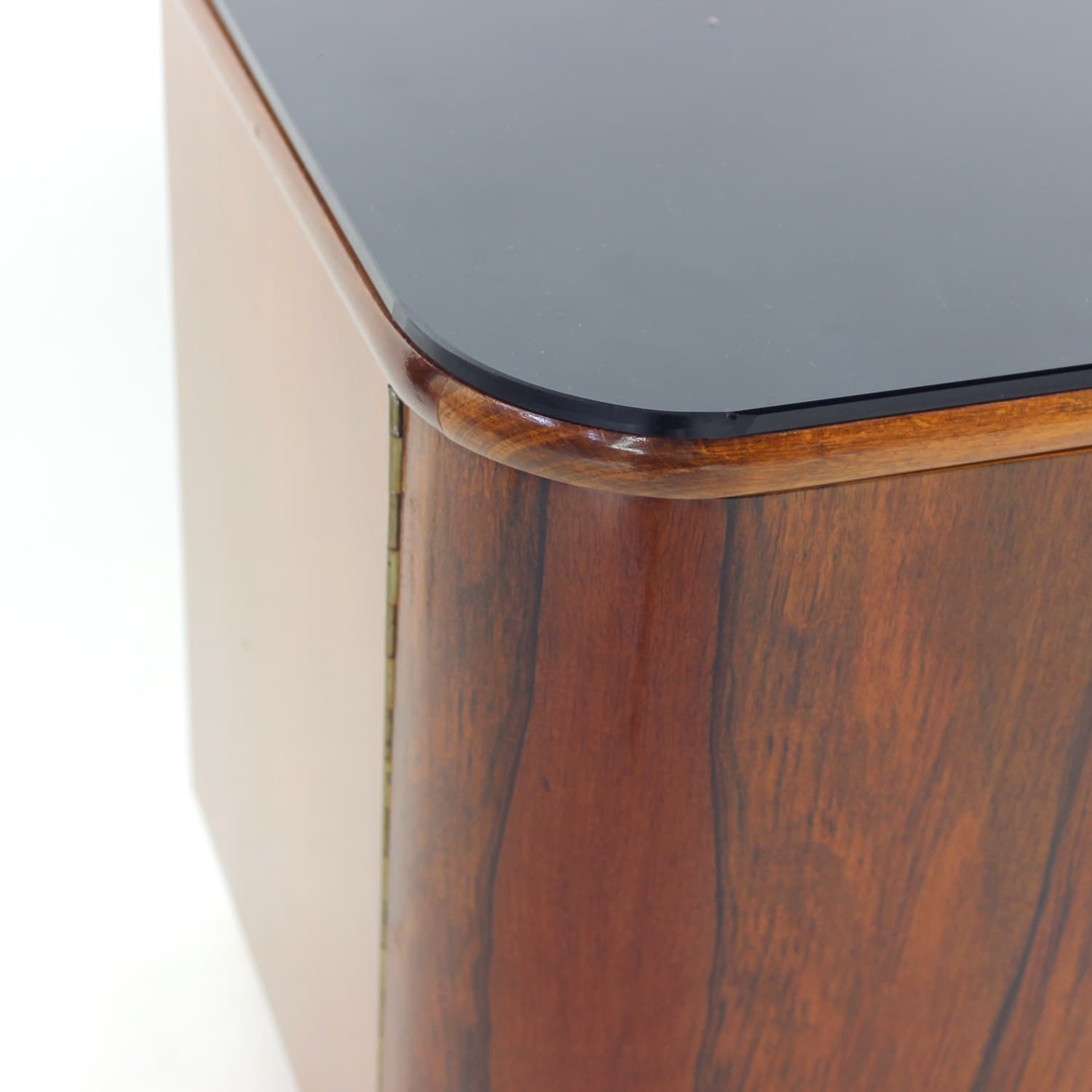 Pair of Art Deco Nightstands, brown walnut, black glass, Czechoslovakia, 1940s - 332557