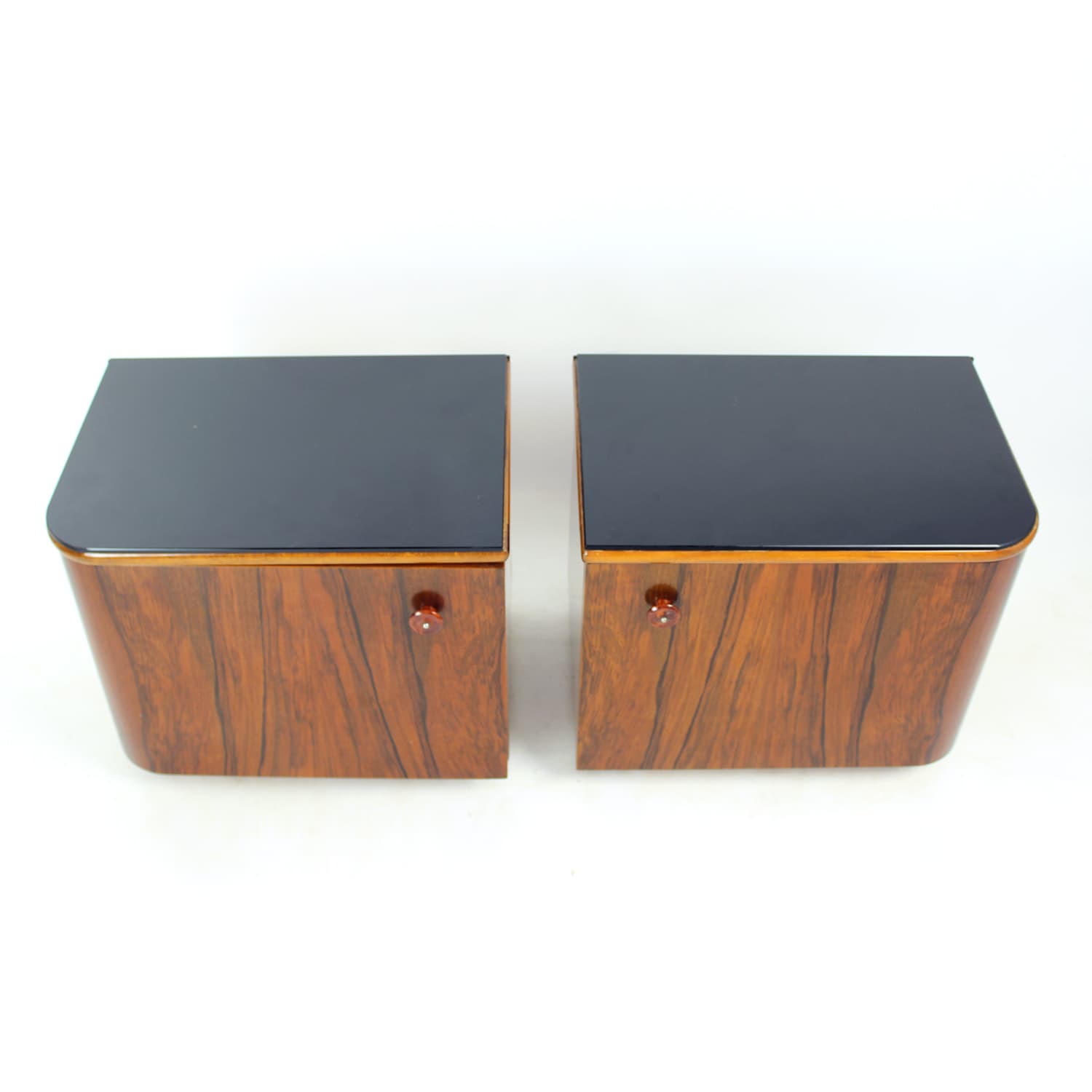 Pair of Art Deco Nightstands, brown walnut, black glass, Czechoslovakia, 1940s - 332548