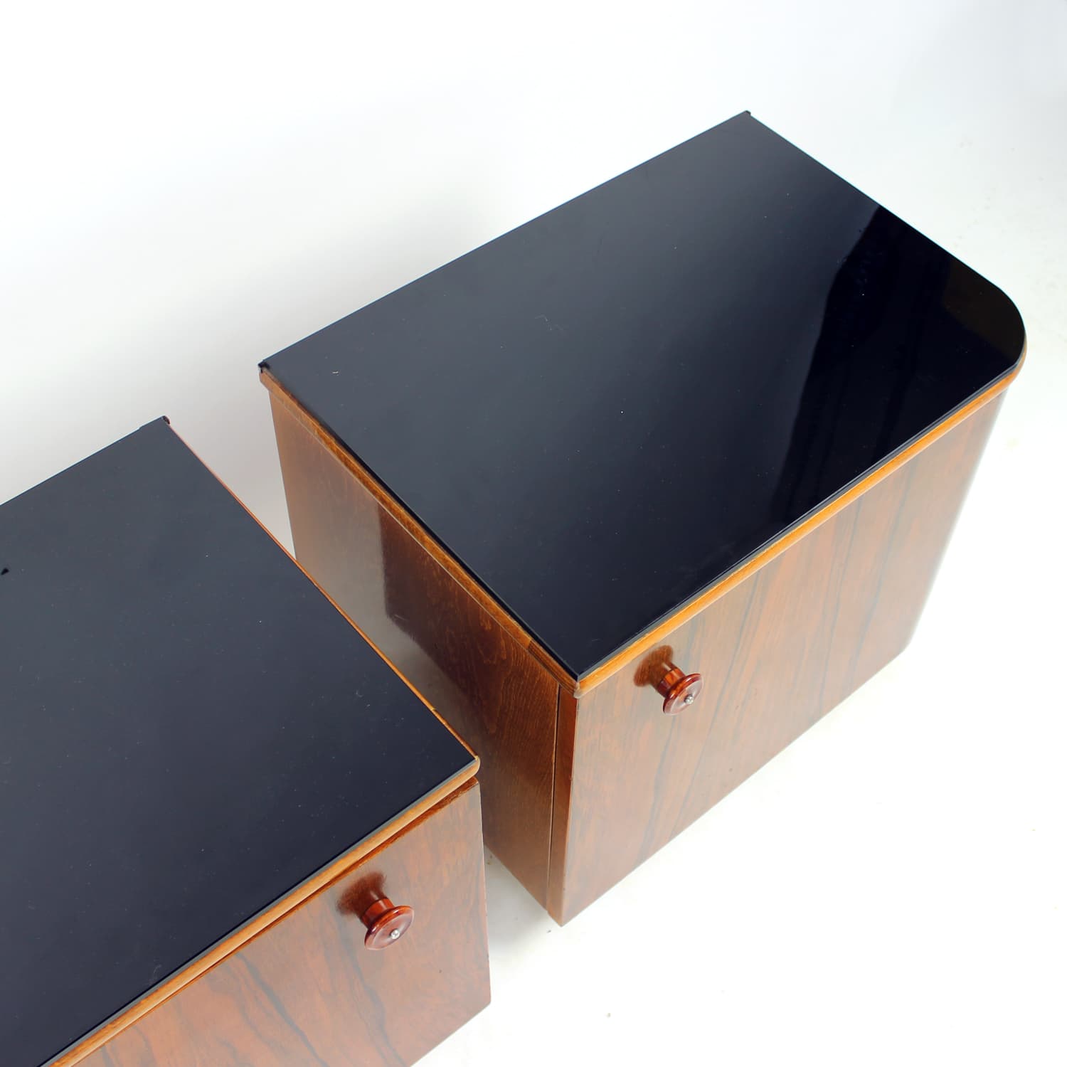 Pair of Art Deco Nightstands, brown walnut, black glass, Czechoslovakia, 1940s - 332556