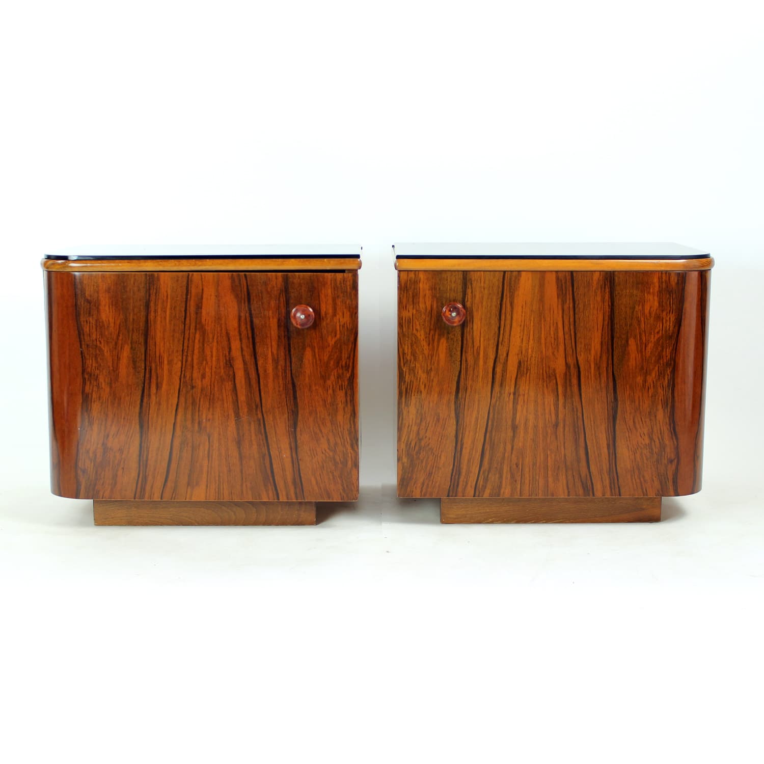 Pair of Art Deco Nightstands, brown walnut, black glass, Czechoslovakia, 1940s - 332555