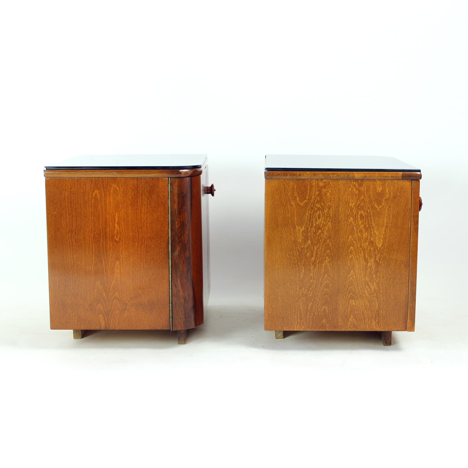 Pair of Art Deco Nightstands, brown walnut, black glass, Czechoslovakia, 1940s - 332552