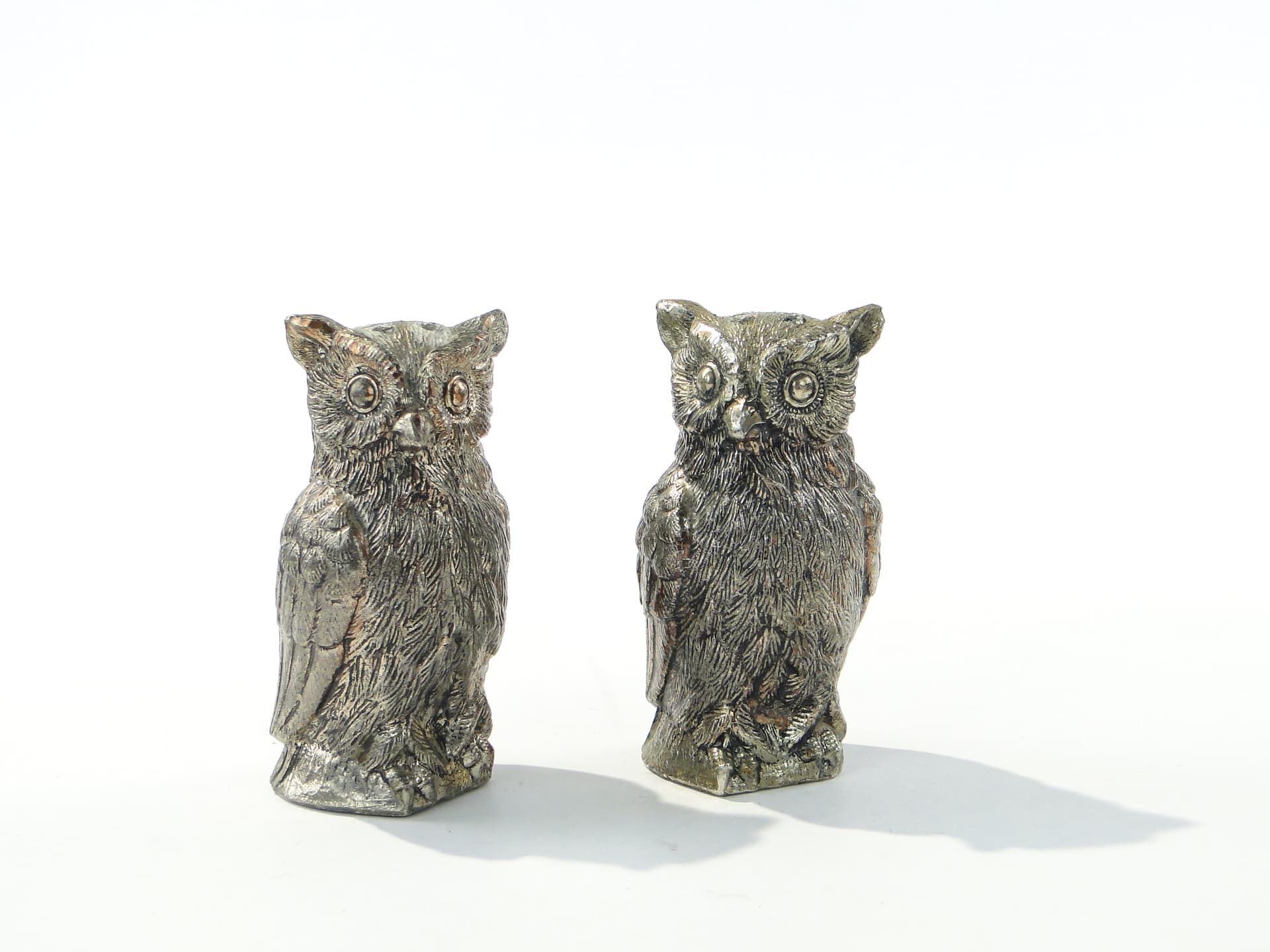 Pair of owl salt and pepper shakers, silver, Sweden, 1960s