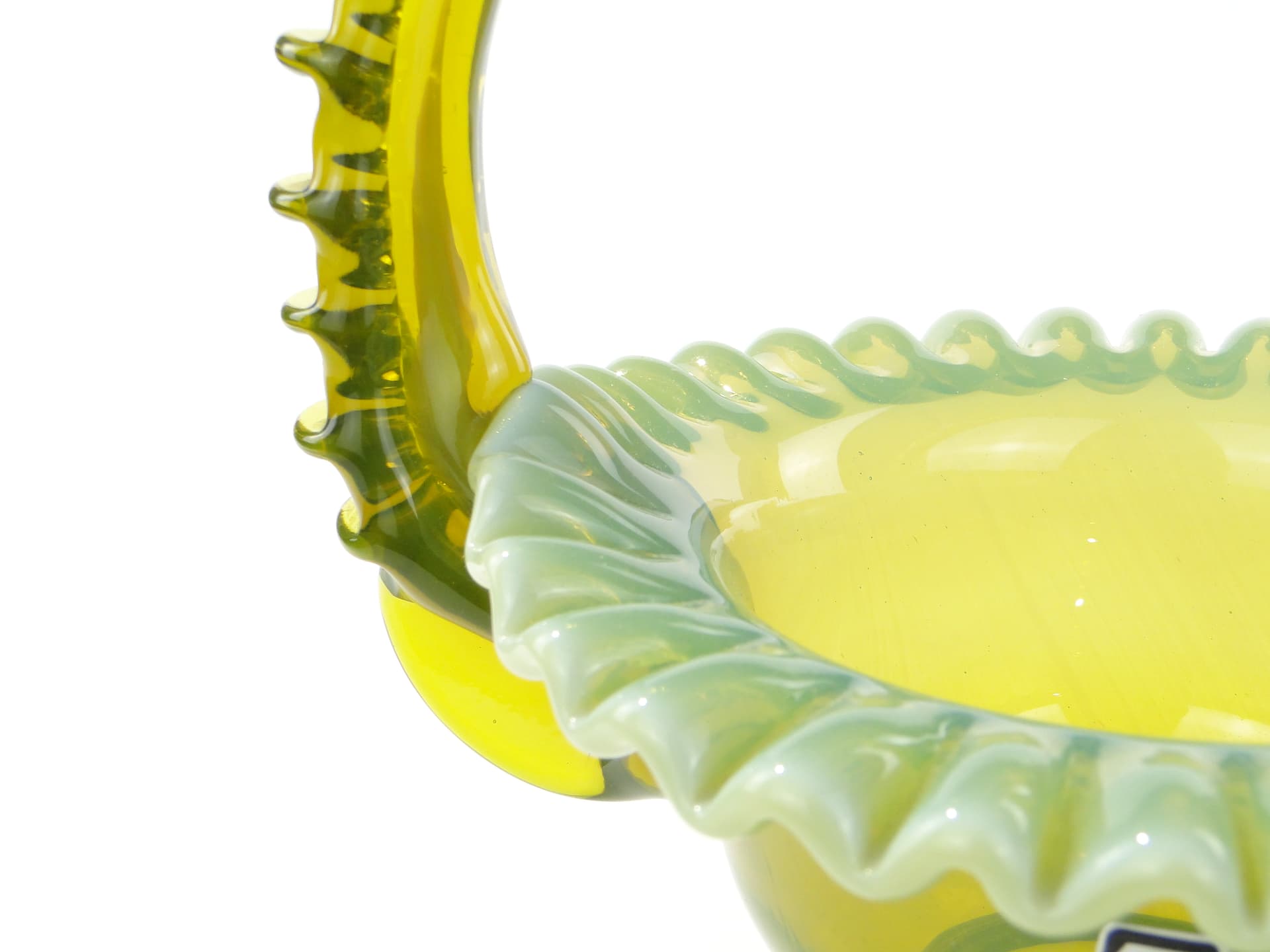Decorative basket, yellow green transparent colored glass, by L. Fiedorowicz, Ząbkowice, Poland, 1980s. - 332665
