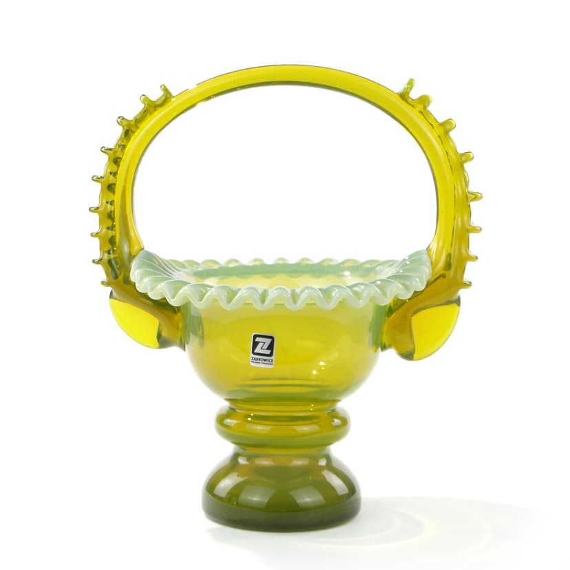 Decorative basket, yellow green transparent colored glass, by L. Fiedorowicz, Ząbkowice, Poland, 1980s.