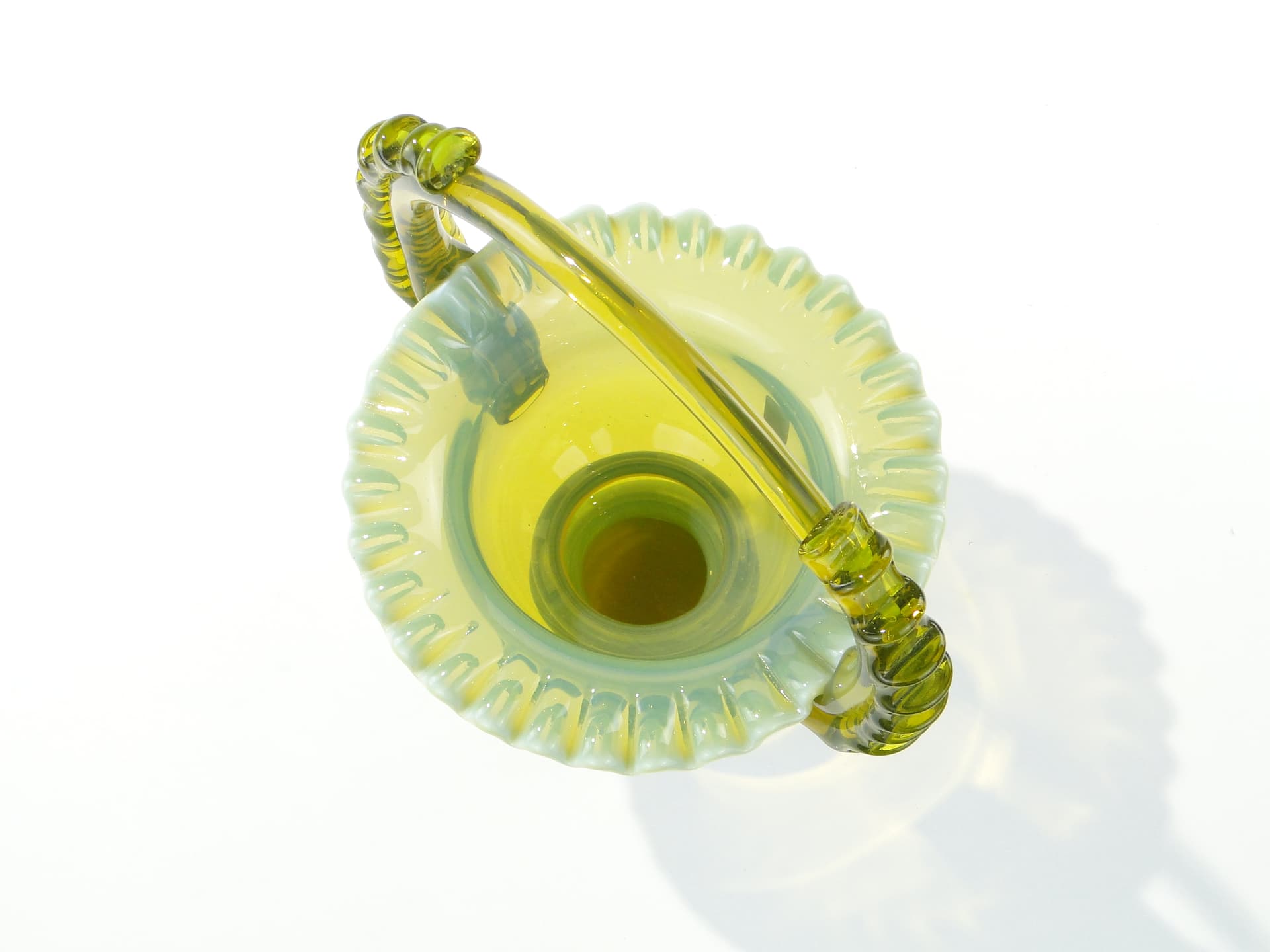 Decorative basket, yellow green transparent colored glass, by L. Fiedorowicz, Ząbkowice, Poland, 1980s. - 332669
