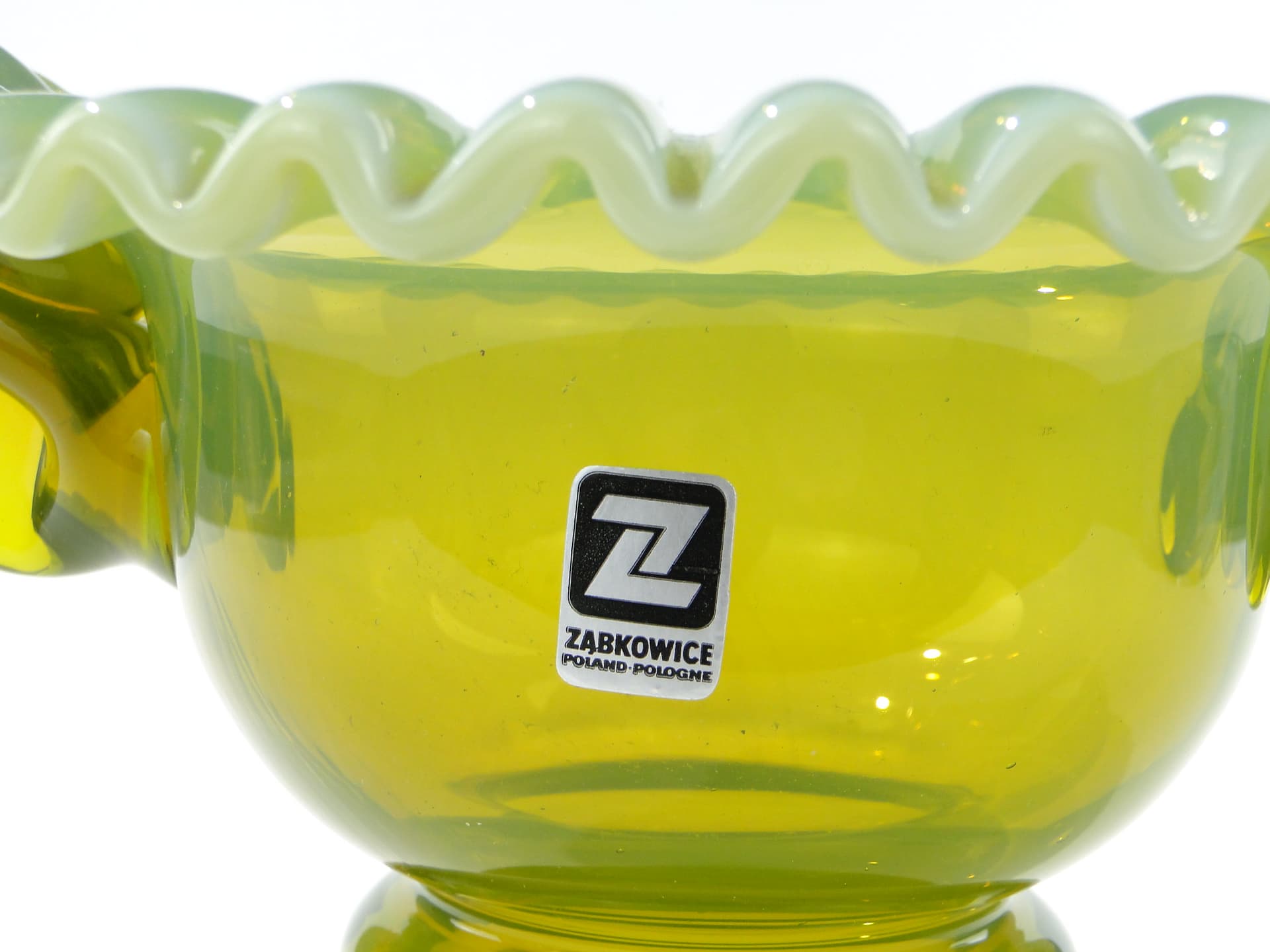 Decorative basket, yellow green transparent colored glass, by L. Fiedorowicz, Ząbkowice, Poland, 1980s. - 332663