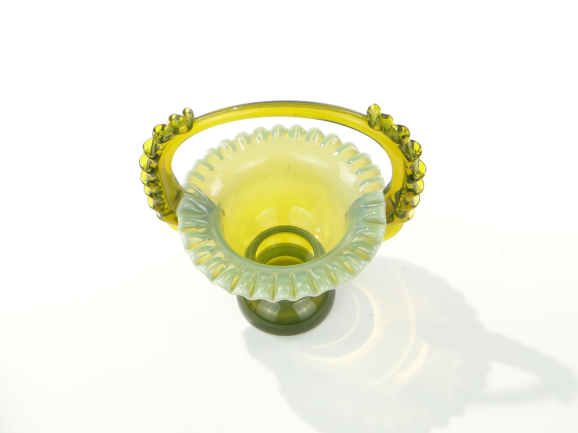 Decorative basket, yellow green transparent colored glass, by L. Fiedorowicz, Ząbkowice, Poland, 1980s. - 332668