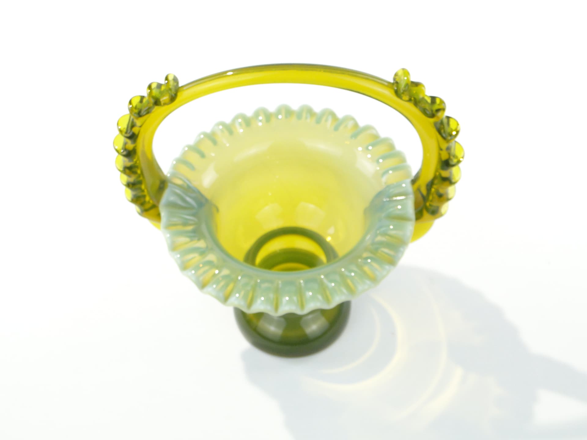 Decorative basket, yellow green transparent colored glass, by L. Fiedorowicz, Ząbkowice, Poland, 1980s. - 332664