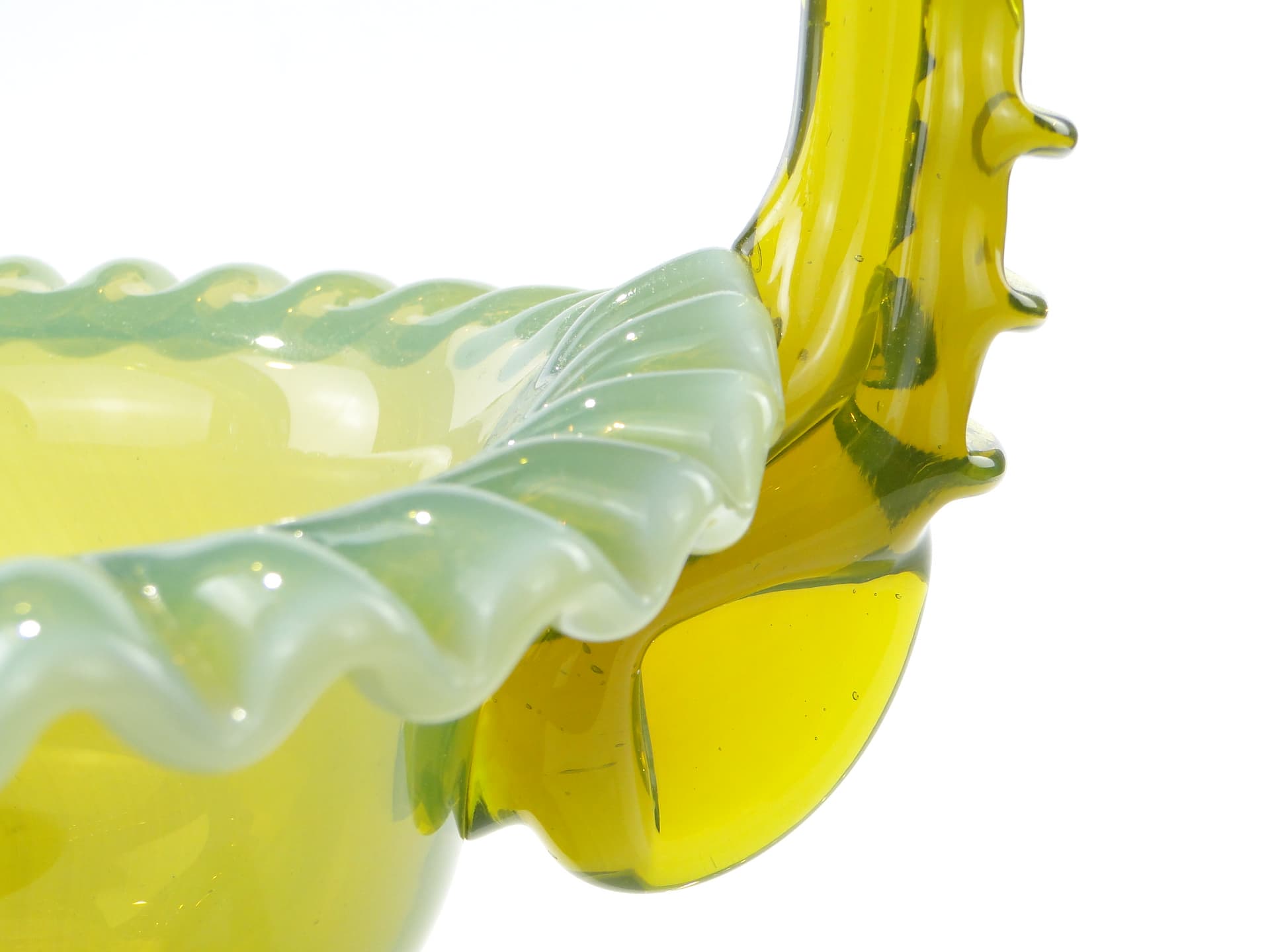 Decorative basket, yellow green transparent colored glass, by L. Fiedorowicz, Ząbkowice, Poland, 1980s. - 332666