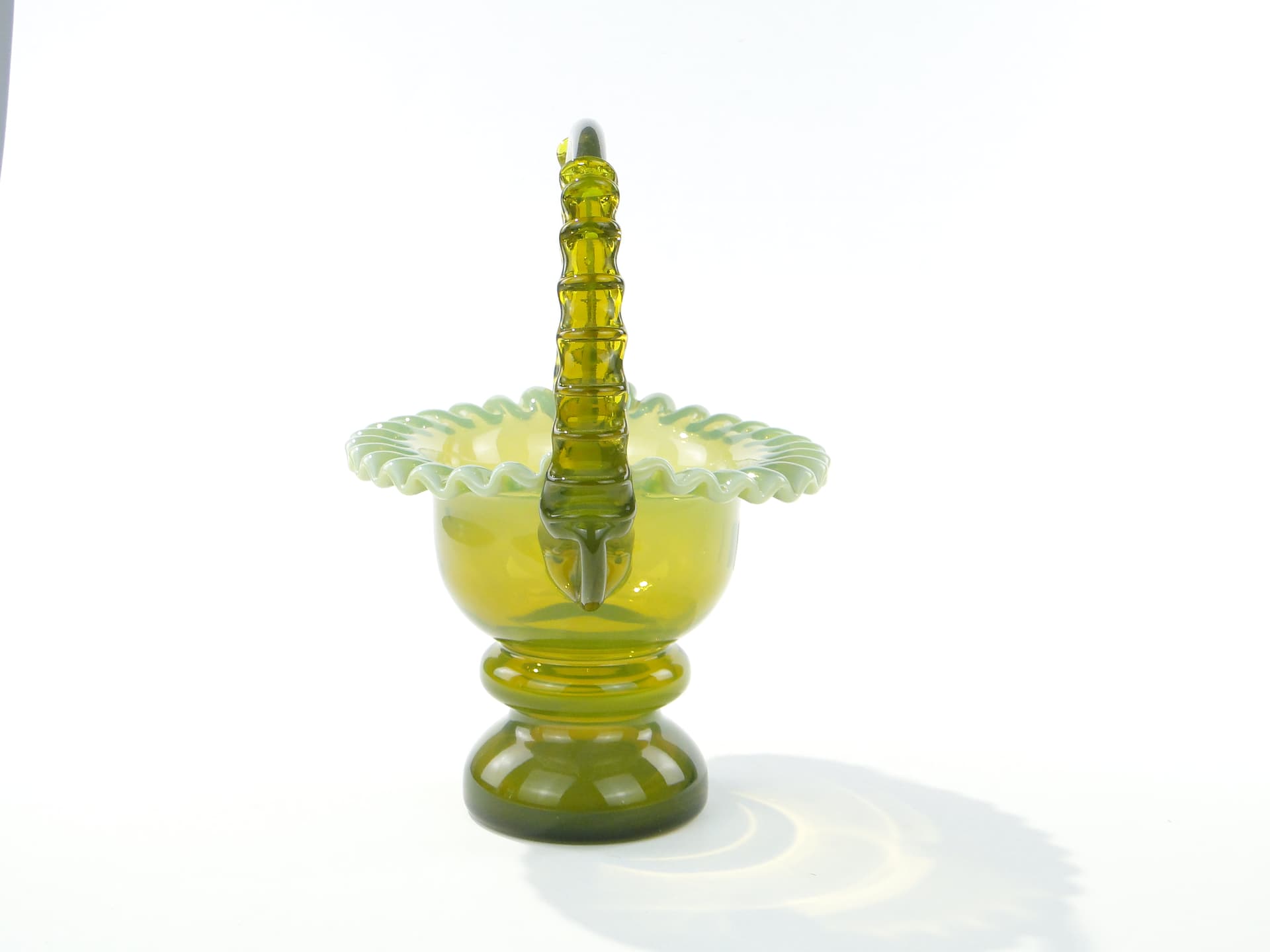 Decorative basket, yellow green transparent colored glass, by L. Fiedorowicz, Ząbkowice, Poland, 1980s. - 332662