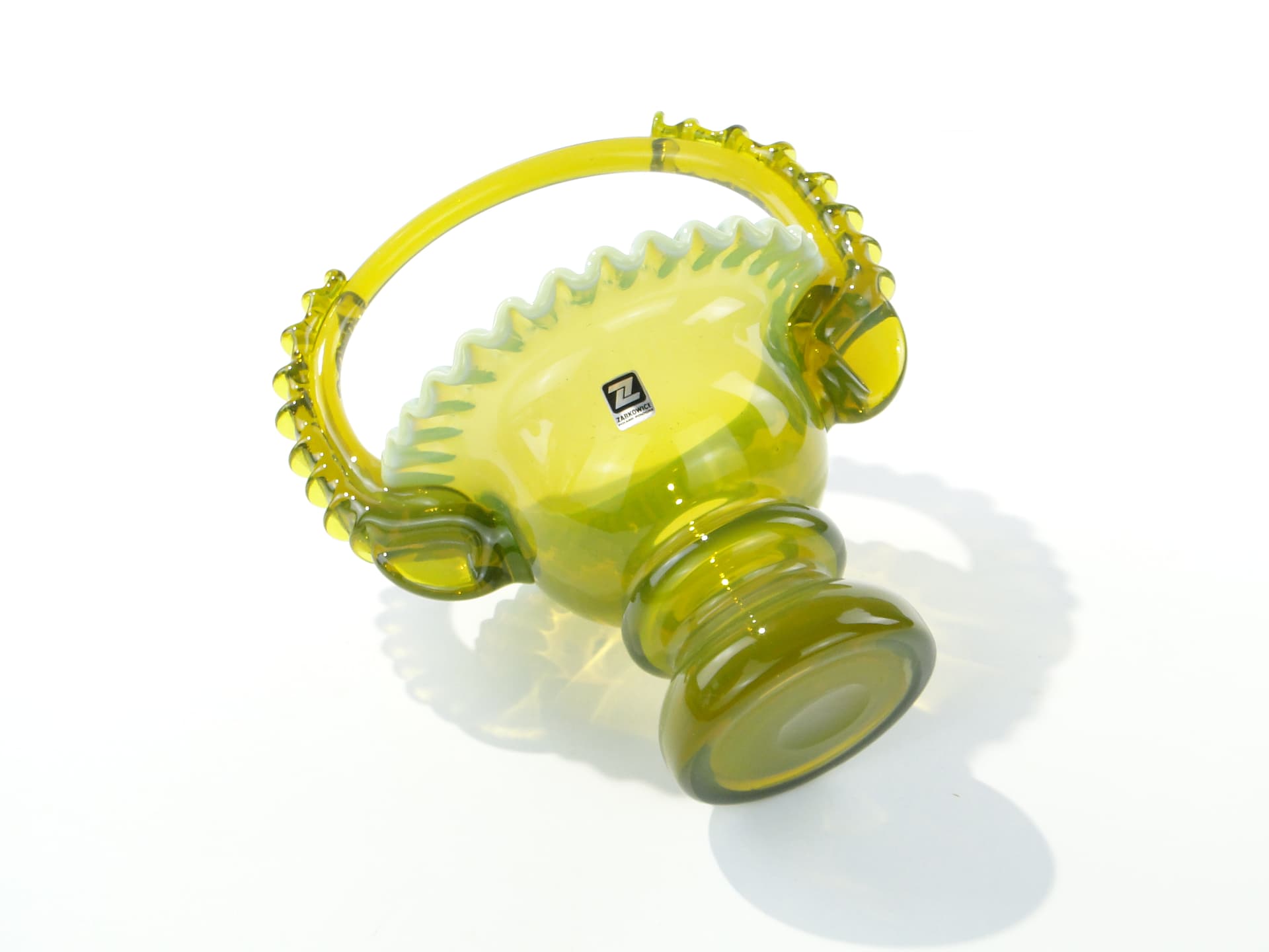 Decorative basket, yellow green transparent colored glass, by L. Fiedorowicz, Ząbkowice, Poland, 1980s. - 332670